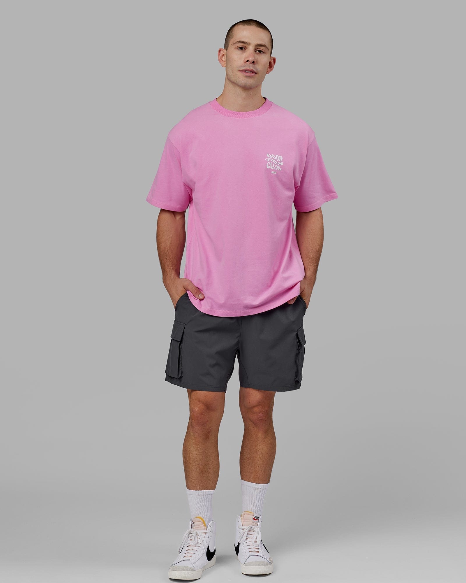 Model wearing Good Times Heavyweight Tee Oversize - Spark Pink