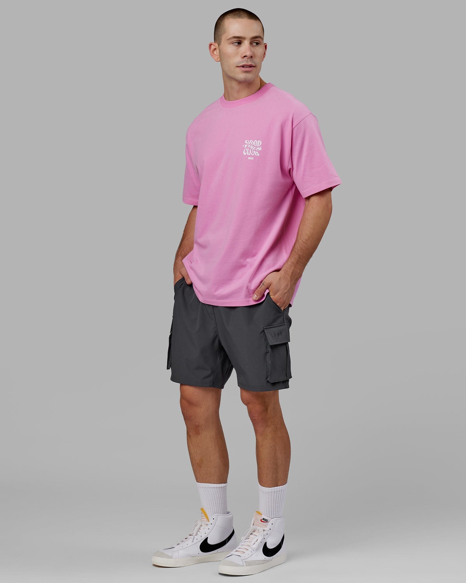 Model wearing Good Times Heavyweight Tee Oversize - Spark Pink