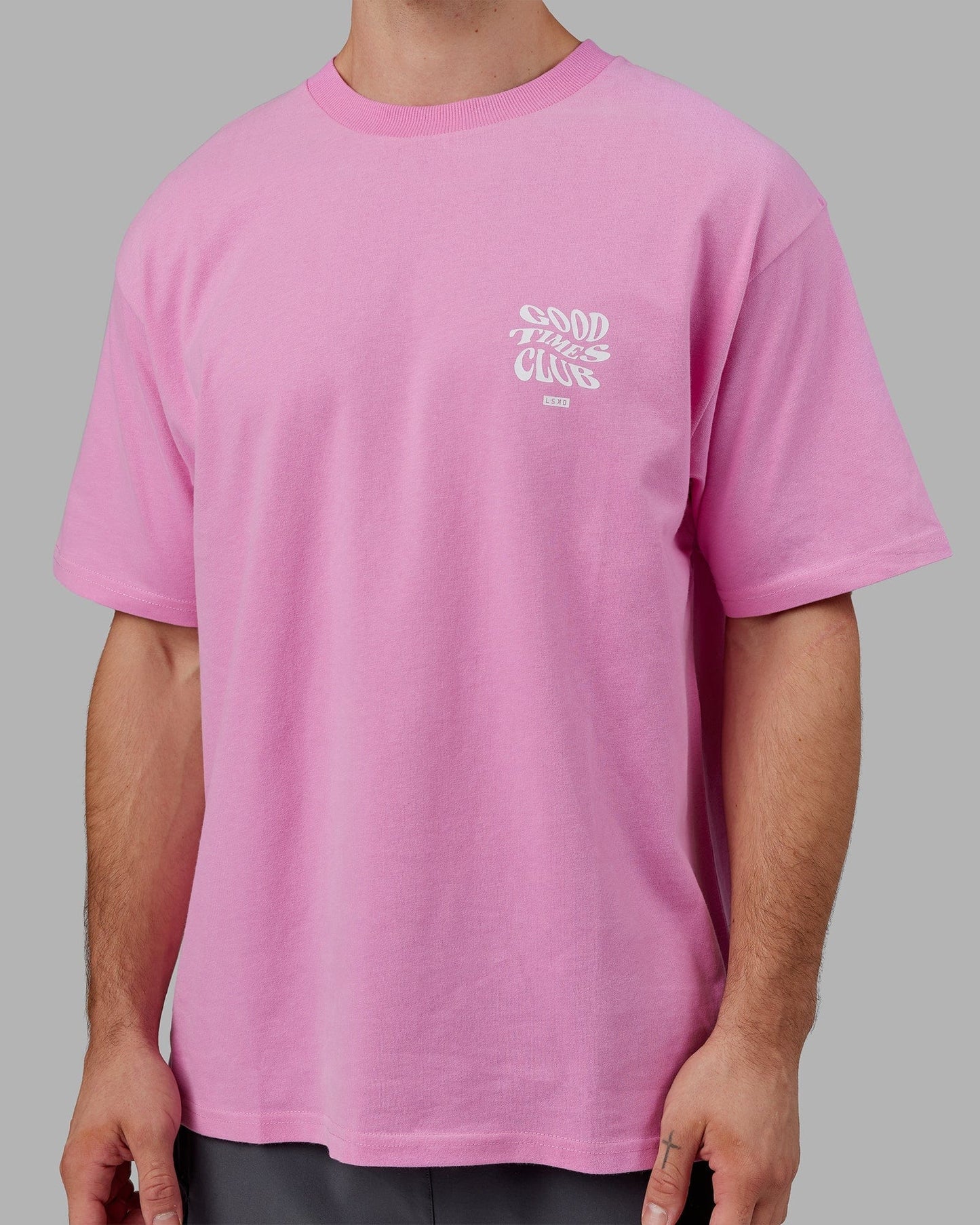 Model wearing Good Times Heavyweight Tee Oversize - Spark Pink