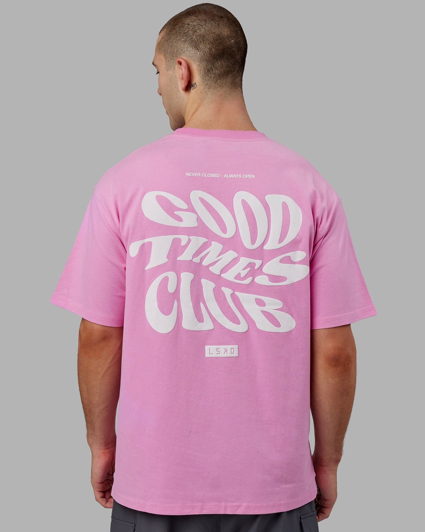 Model wearing Good Times Heavyweight Tee Oversize - Spark Pink