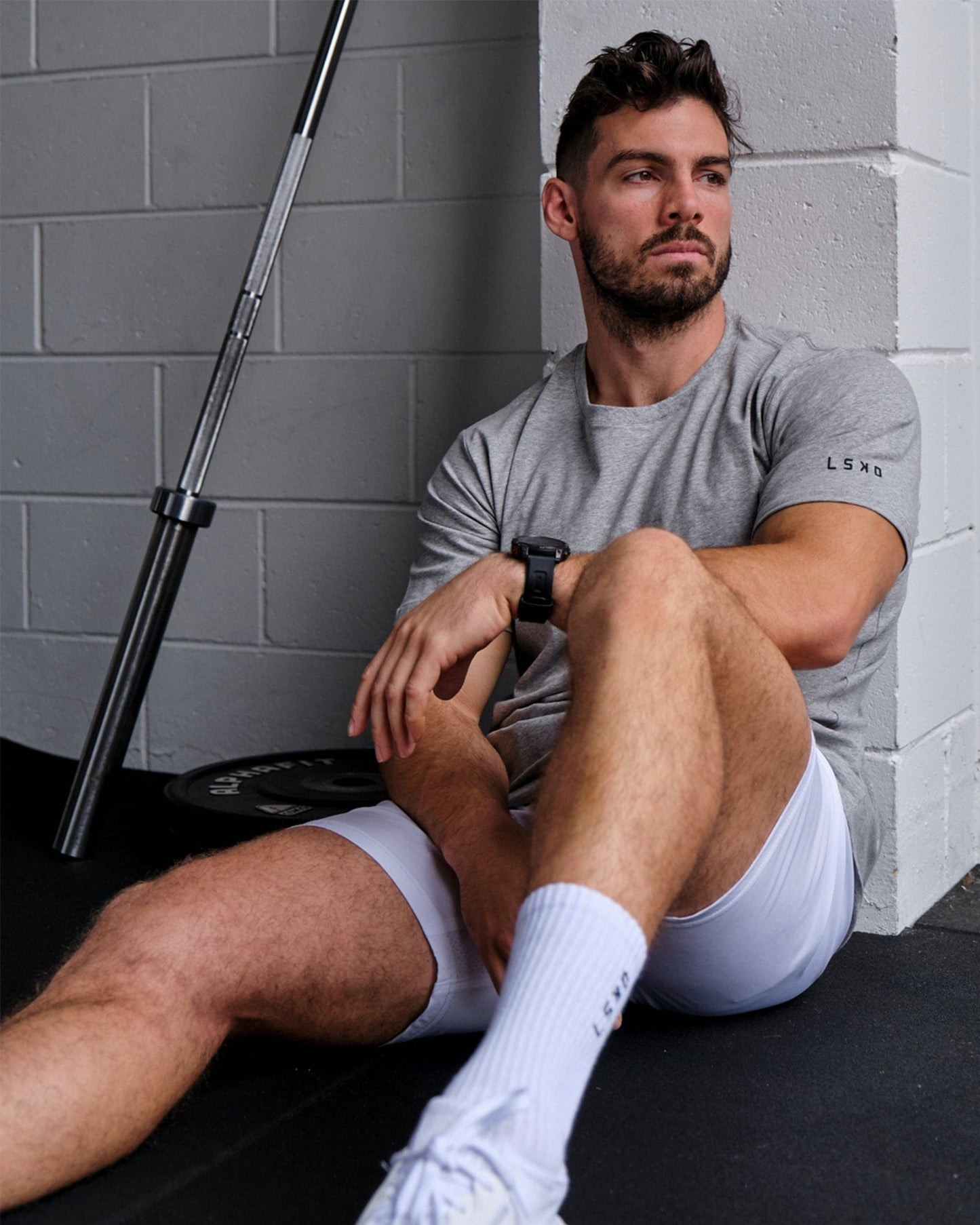 Model wearing Rival FLXCotton Training Fit Tee - Lt Grey Marl