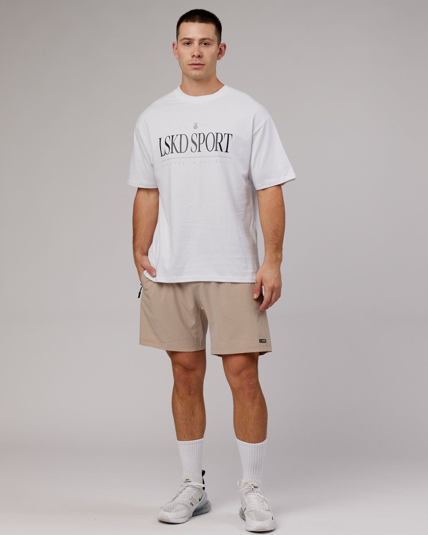 Model wearing Heritage Heavyweight Tee Oversize - White-Black-Oak