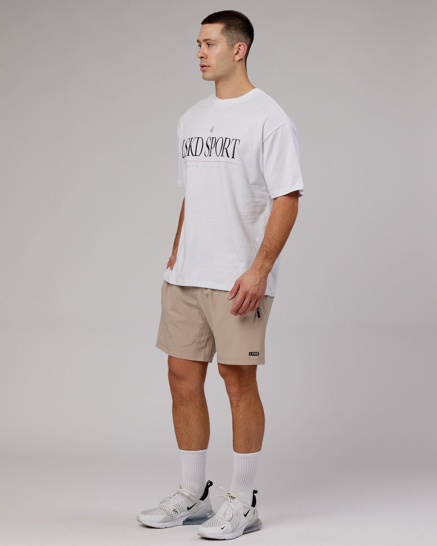 Model wearing Heritage Heavyweight Tee Oversize - White-Black-Oak