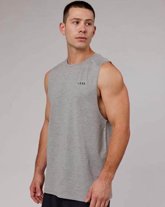 Model wearing Perform VapourFLX Muscle Tank - Light Grey Marl