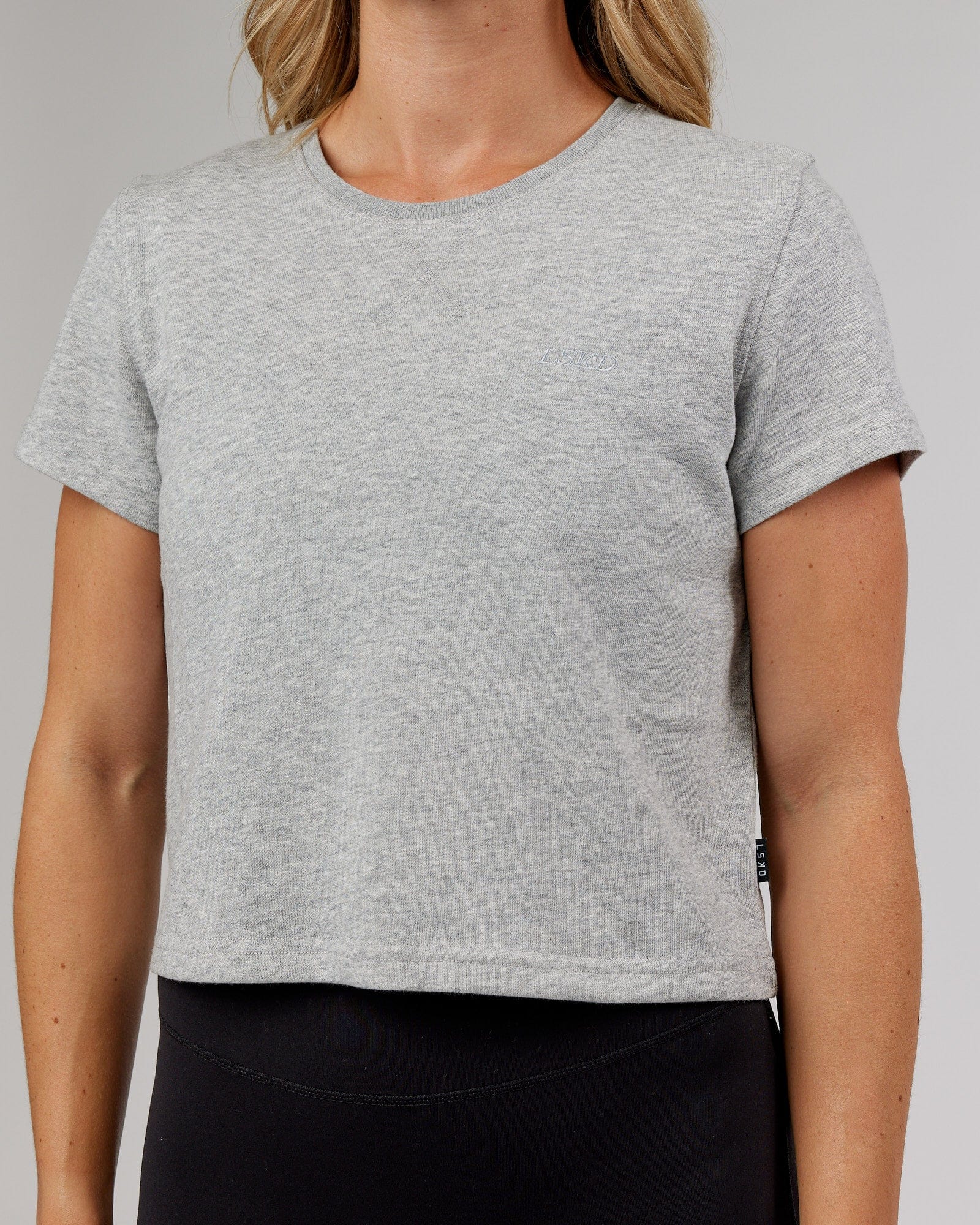 Model wearing Off Duty Cropped Tee - Lt Grey Marl