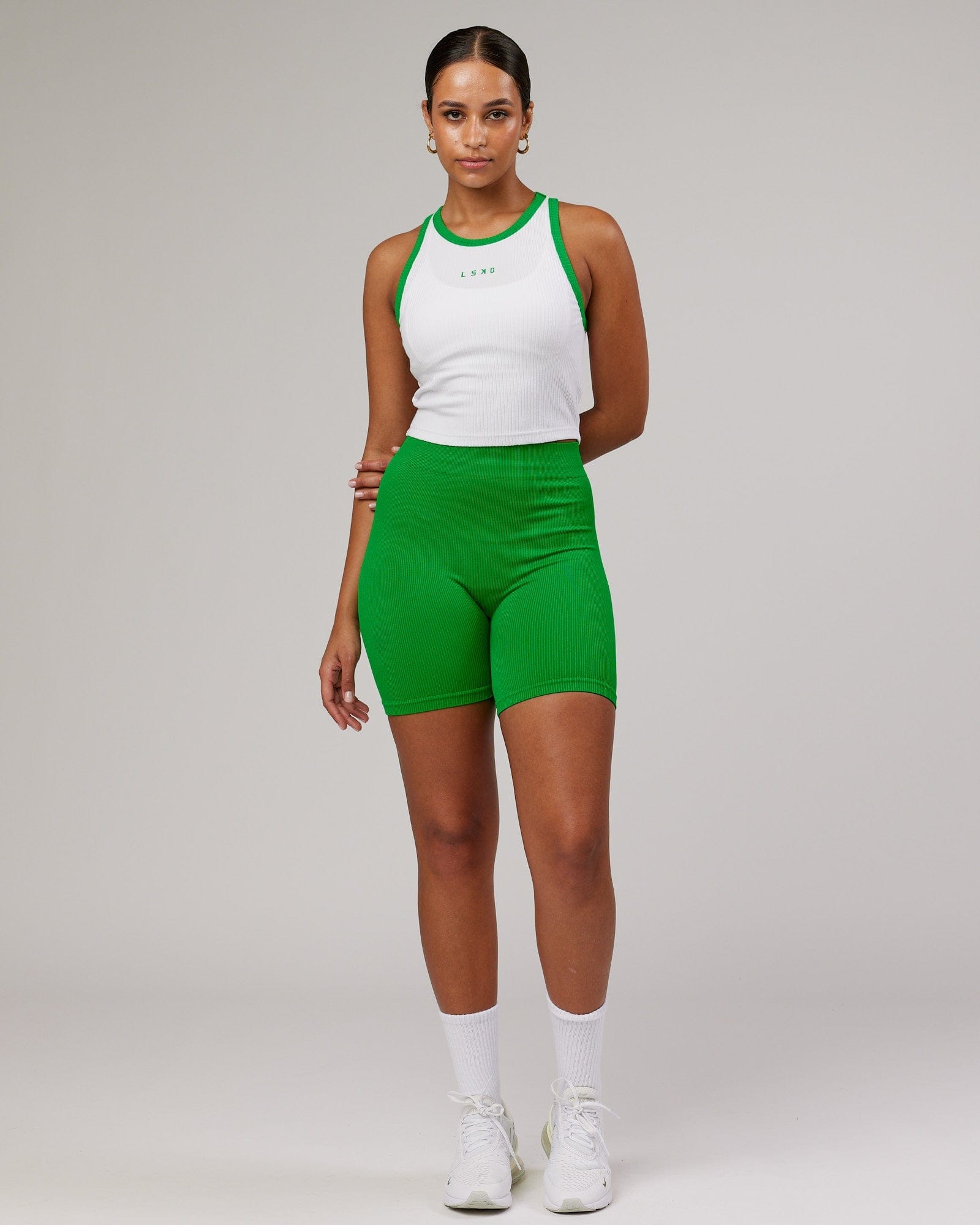Model wearing Squad Ribbed Crop Tank - White-Vivid Green