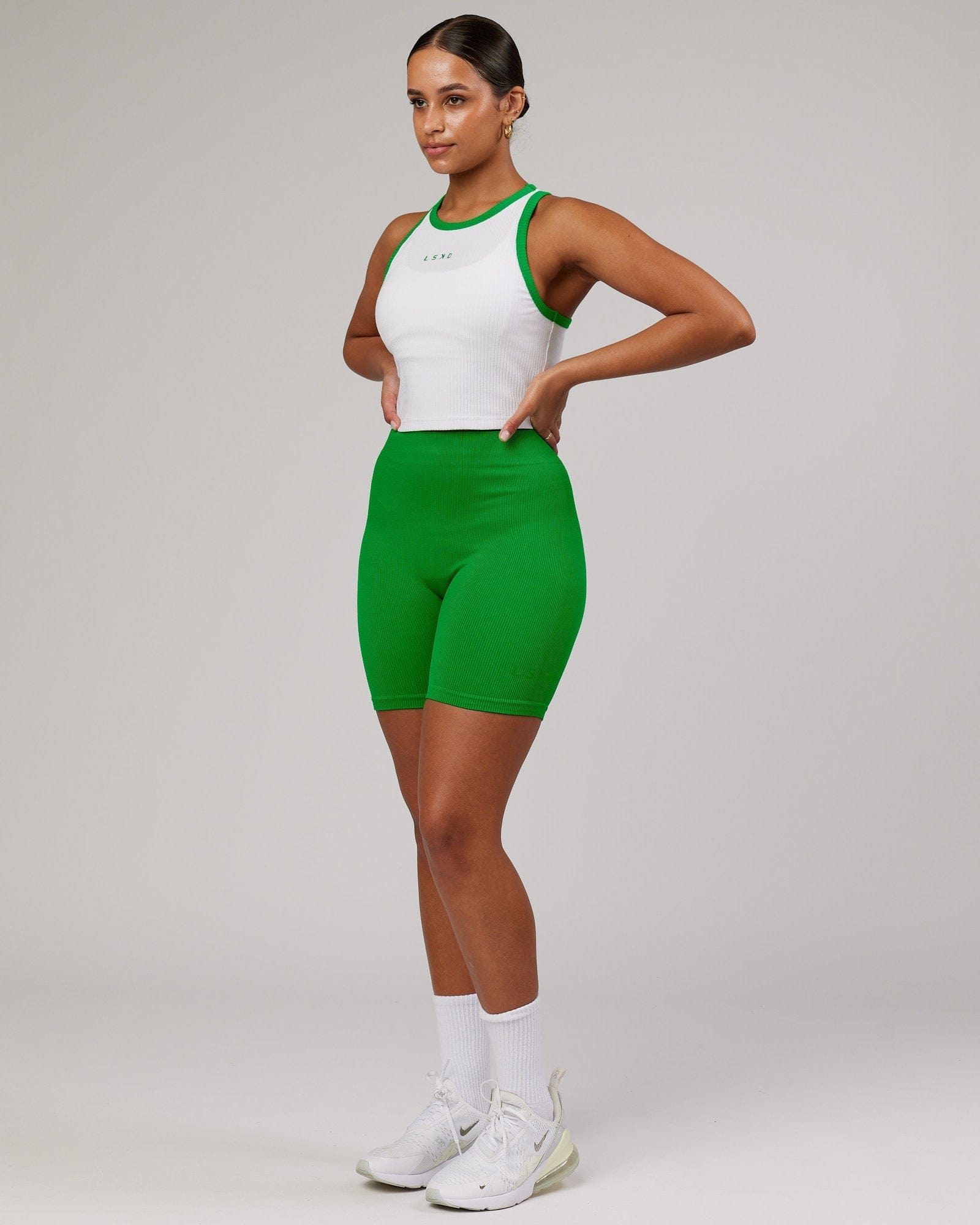 Model wearing Squad Ribbed Crop Tank - White-Vivid Green