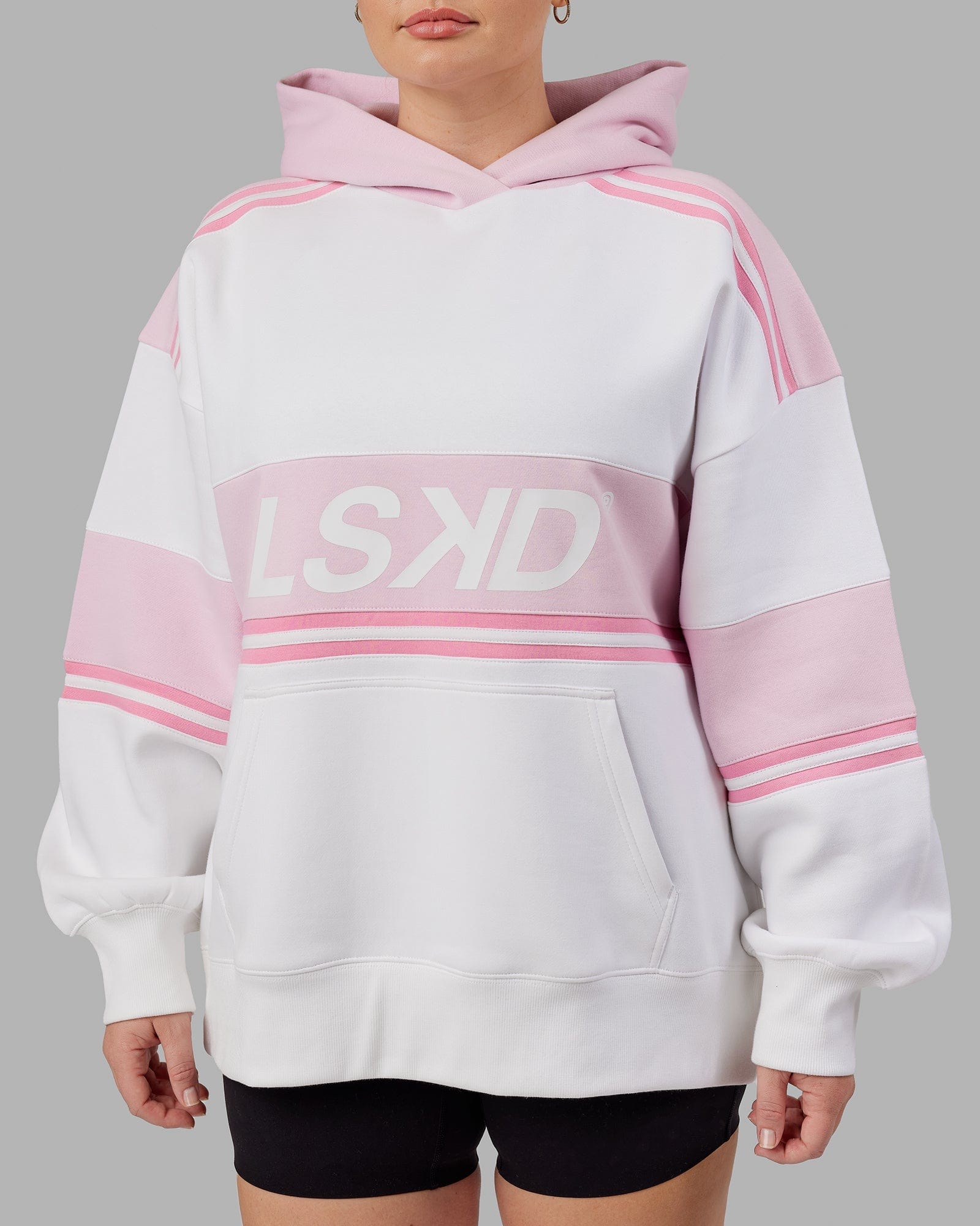 Model wearing A-Team Hoodie Oversize - White-Petal Pink