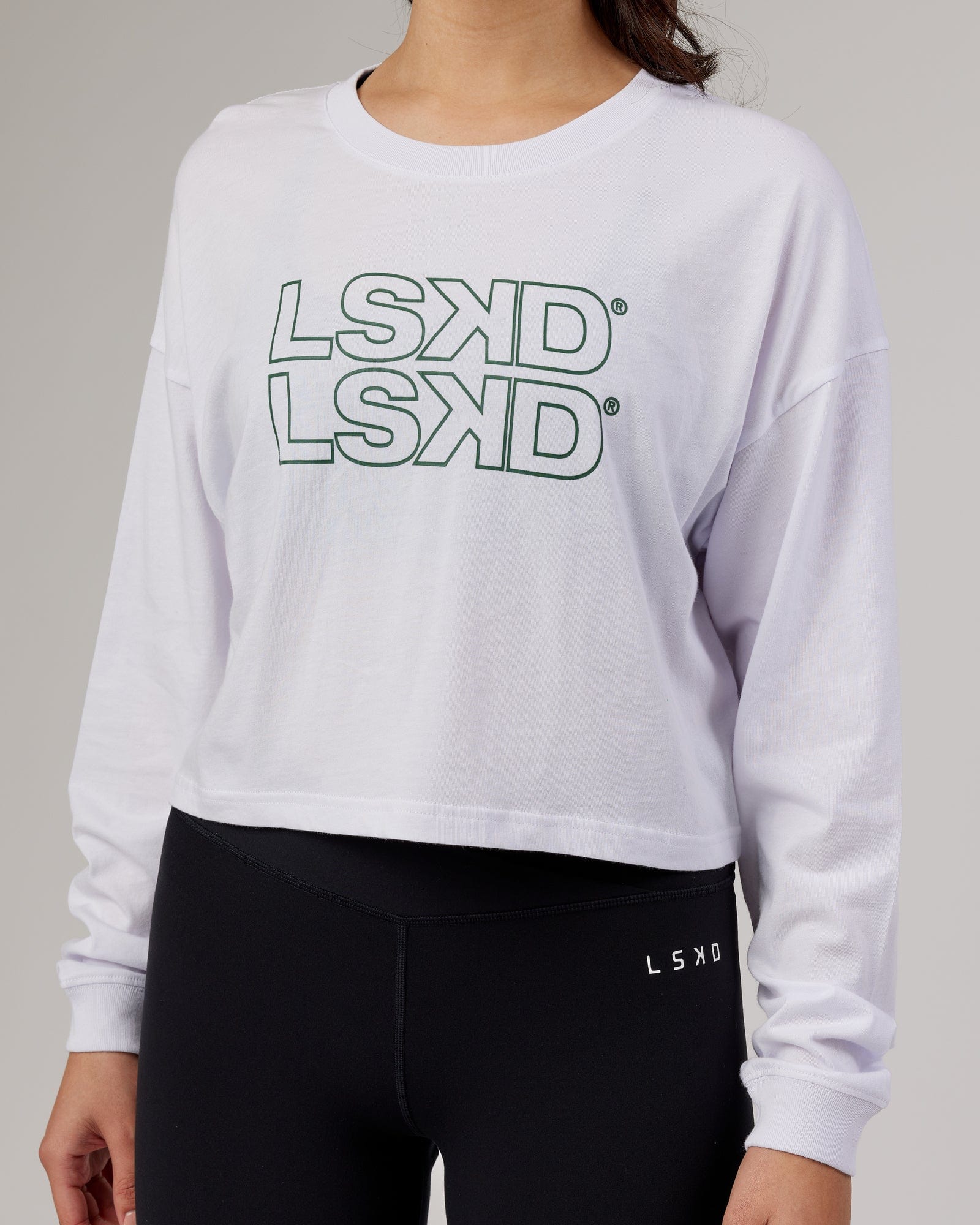 Model wearing Stacks Up LS Tee - White
