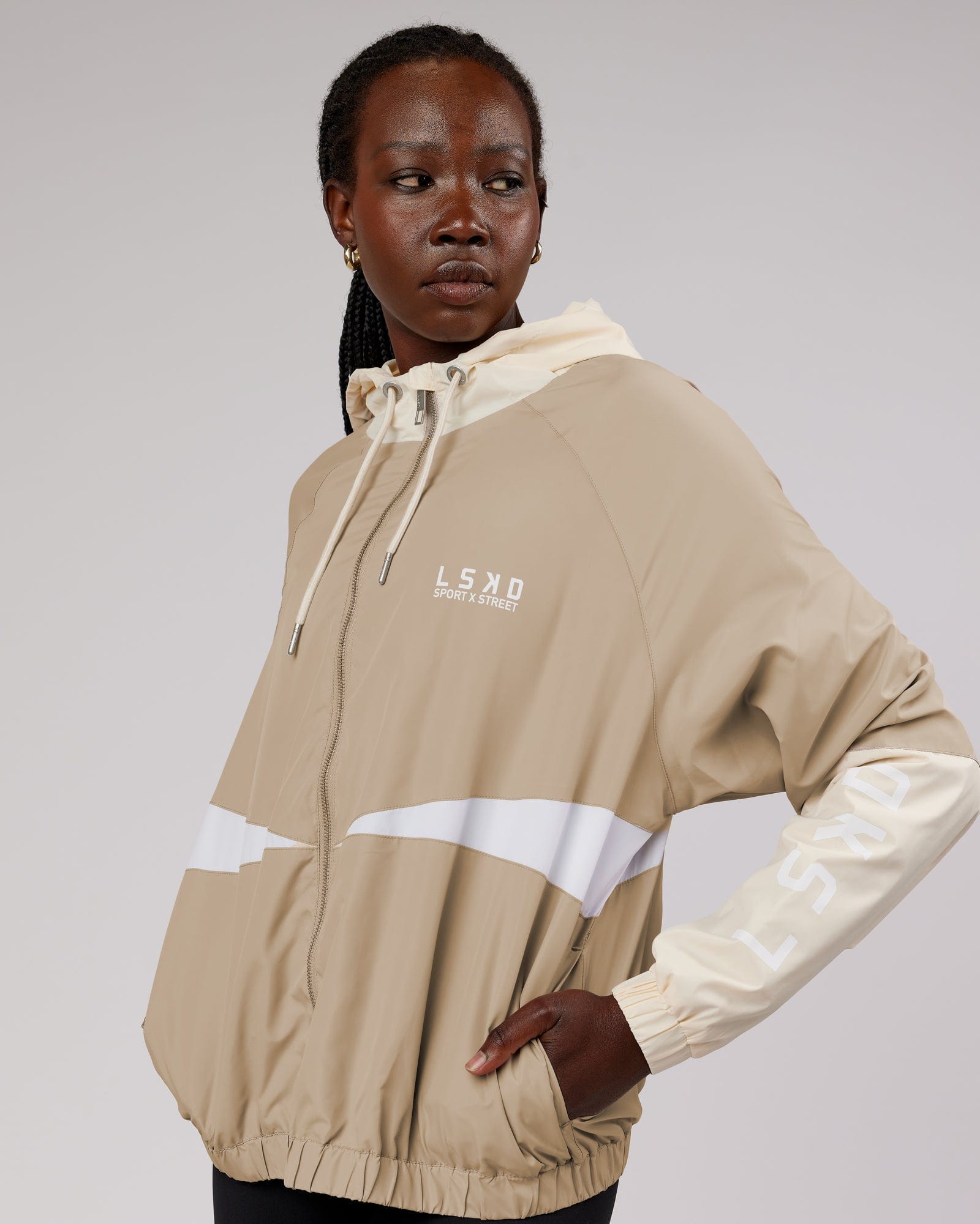 Model wearing Trackside Jacket - Light Fawn