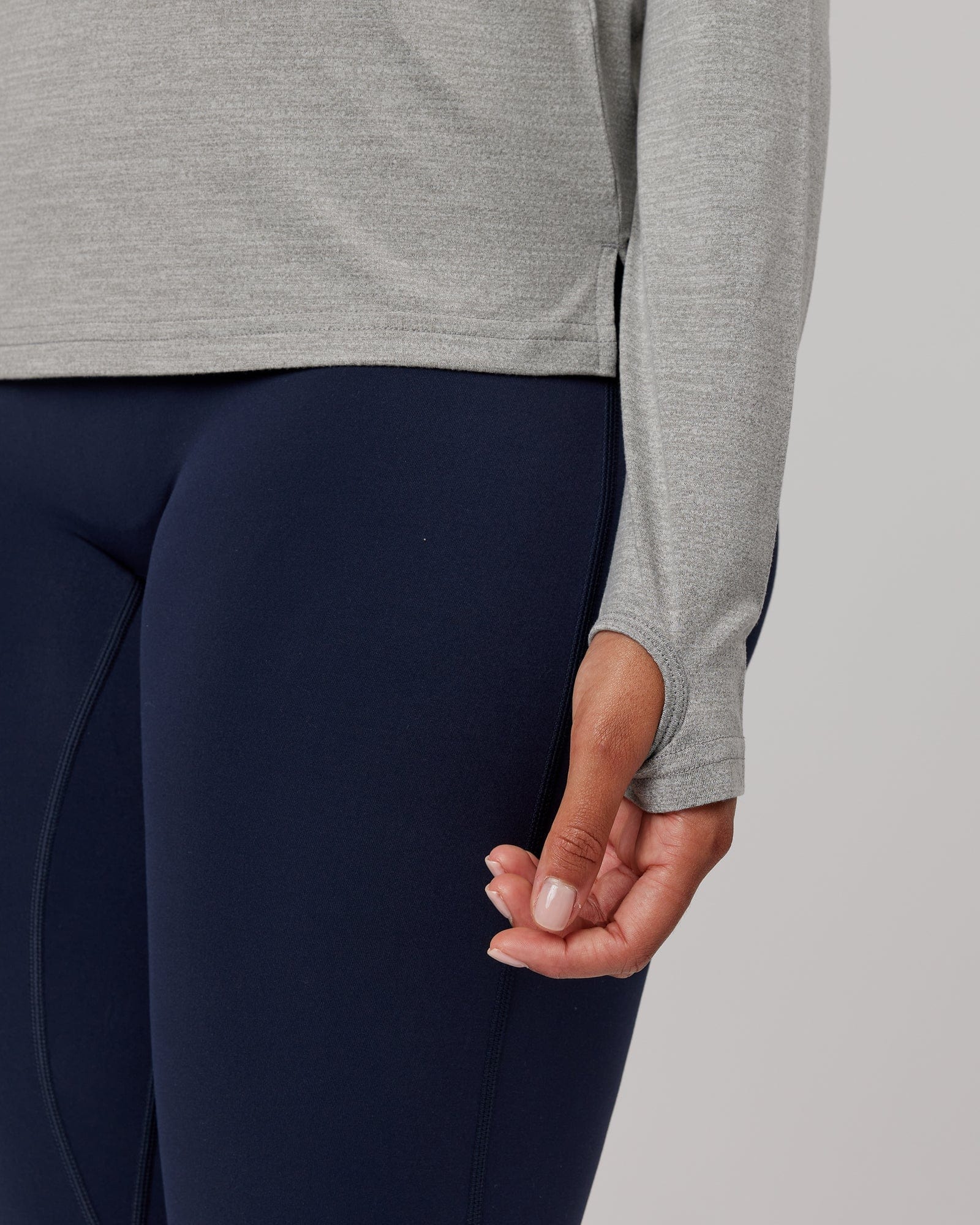 Model wearing Perform VapourFLX LS Tee - Lt Grey Marl