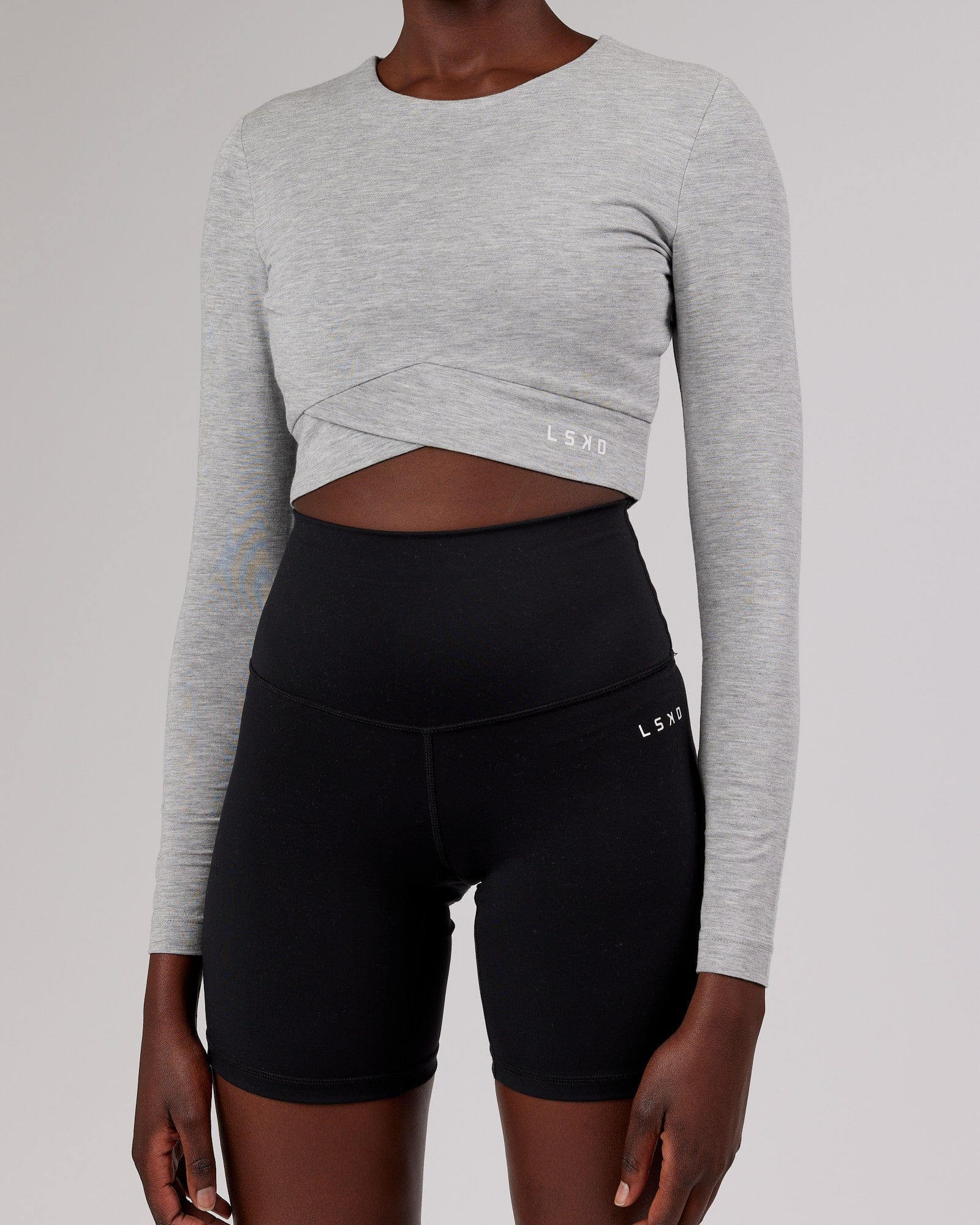 Model wearing Wrapped LS Tee - Lt Grey Marl