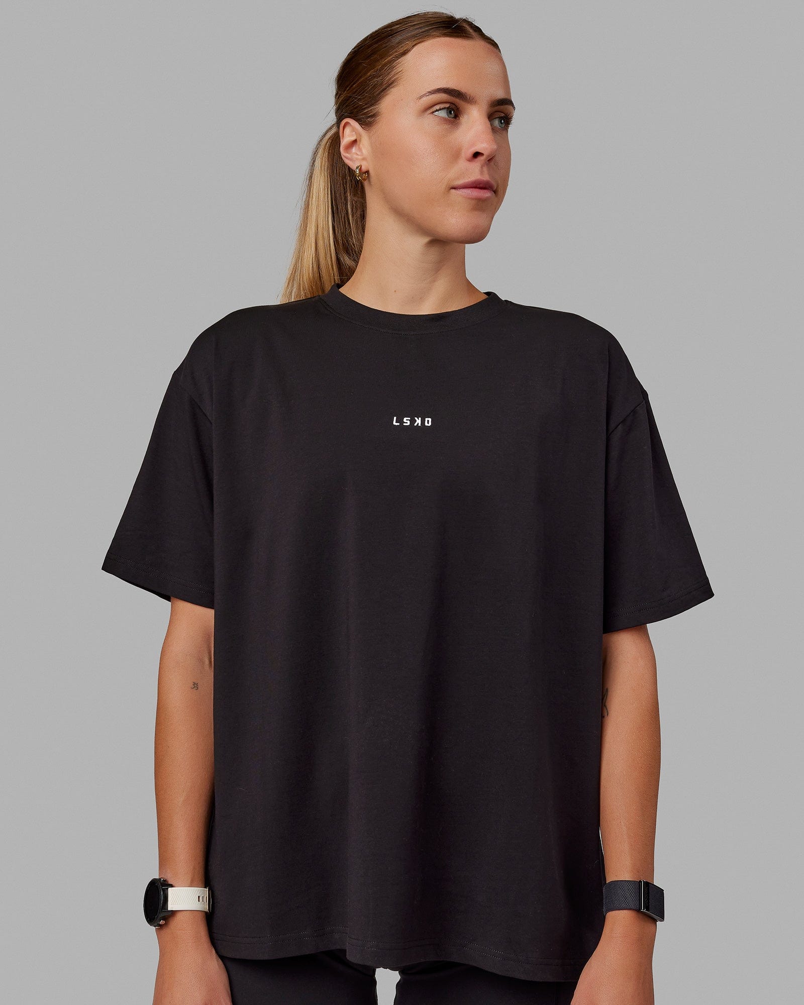 Woman wearing Go-To FLXCotton Oversized Tee - Black-White
