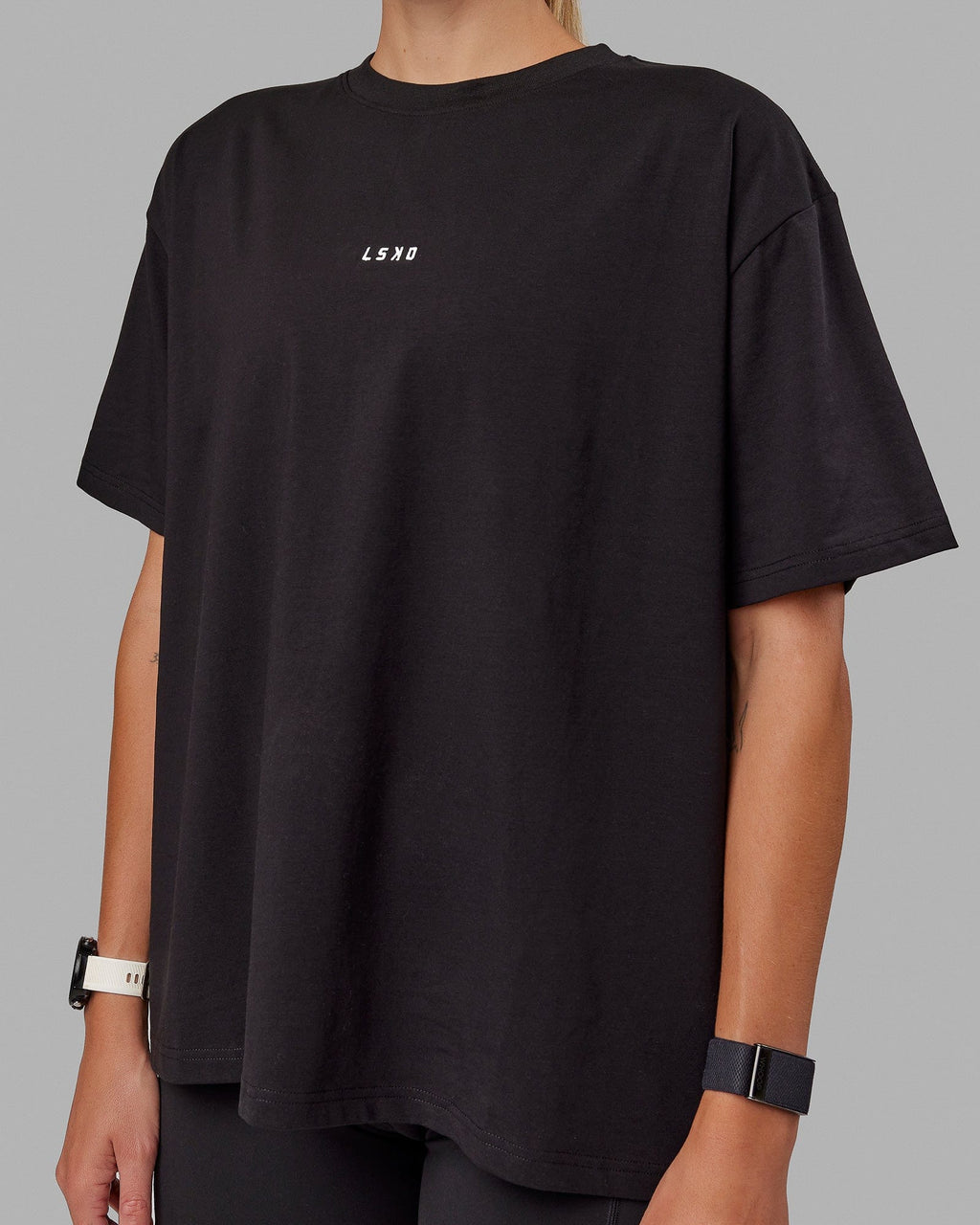 Woman wearing Go-To FLXCotton Oversized Tee - Black-White