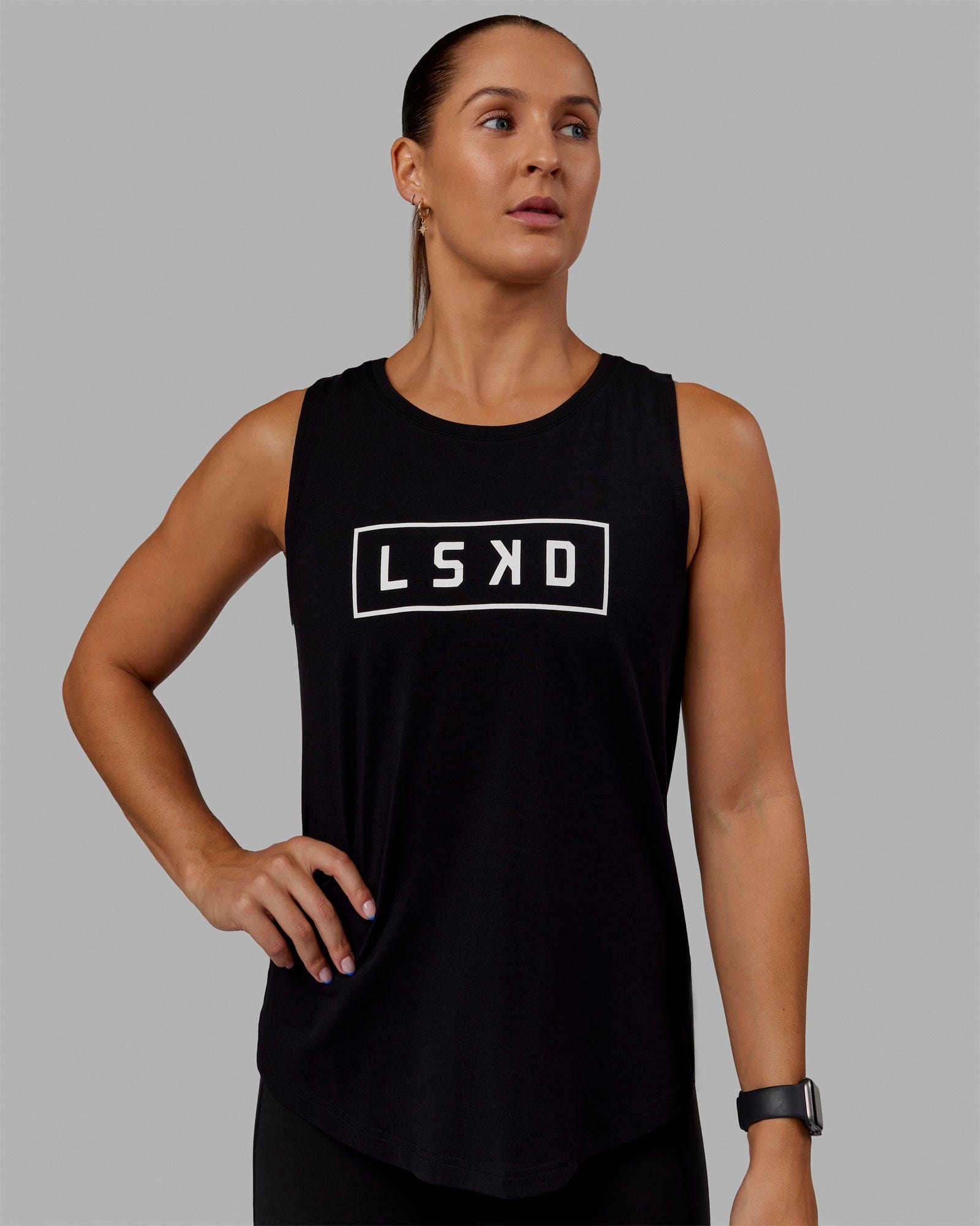Woman wearing Luna FLXCotton Longline Tank - Black-White
