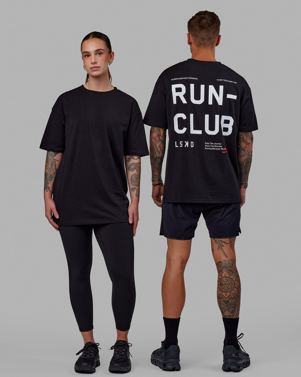 Duo wearing Unisex Love The Run FLXCotton Tee Oversize - Black-White