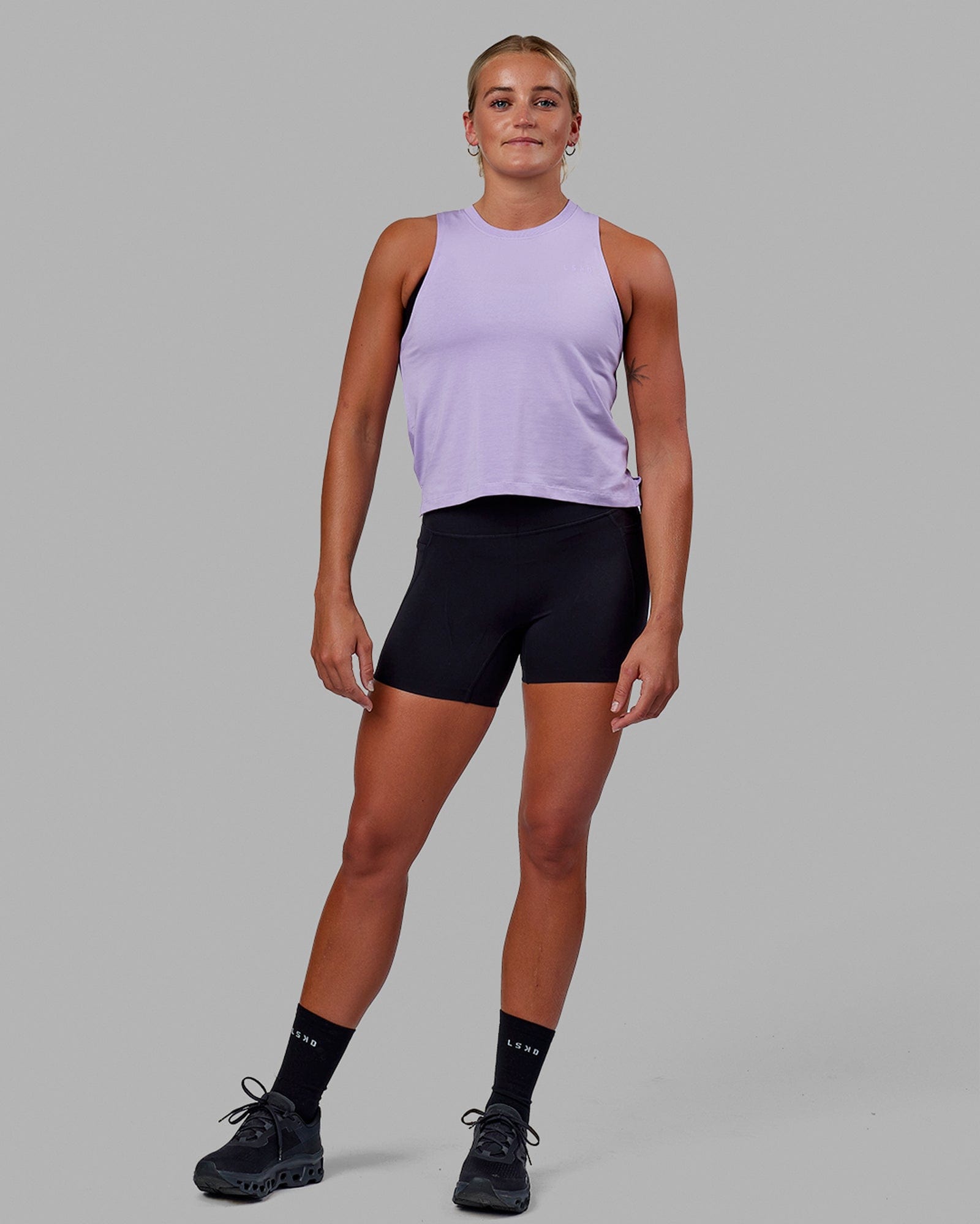 Woman wearing Deluxe PimaFLX Tank - Pale Lilac