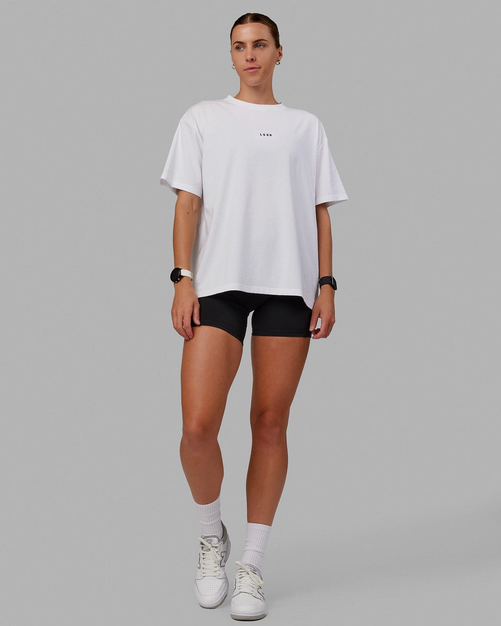 Woman wearing Go-To FLXCotton Oversized Tee - White-Black