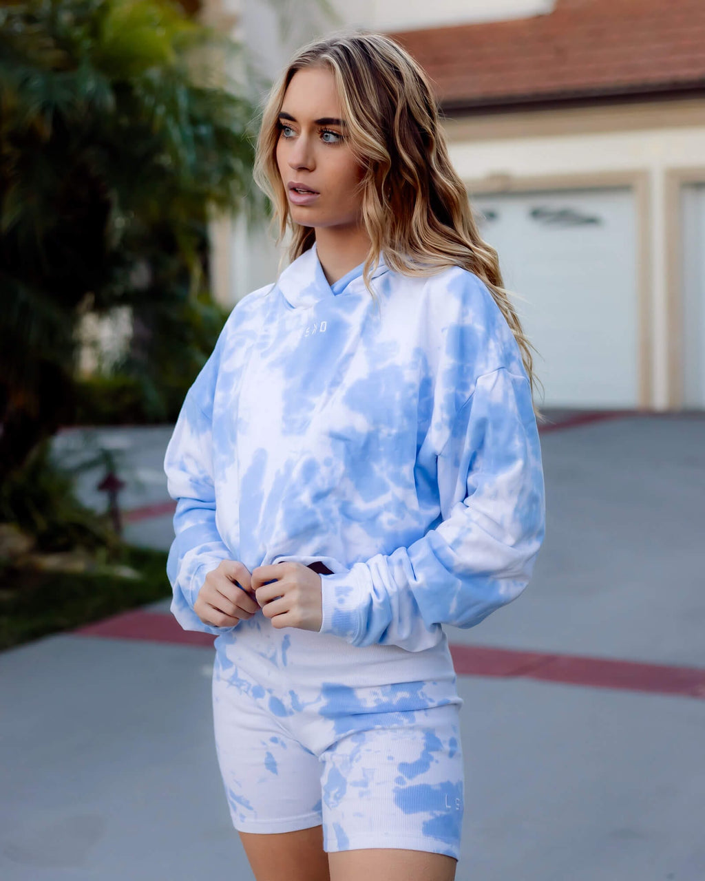 Model wearing Field Pullover - Soft Blue Tie Dye