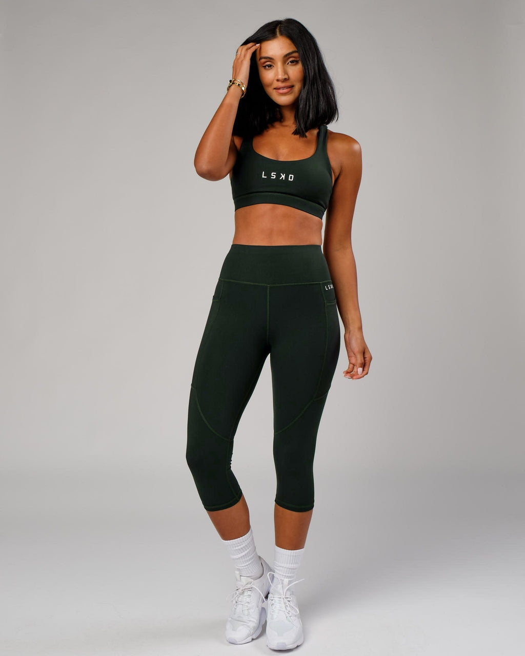 Model wearing Rep 3/4 Length Tight - Forest