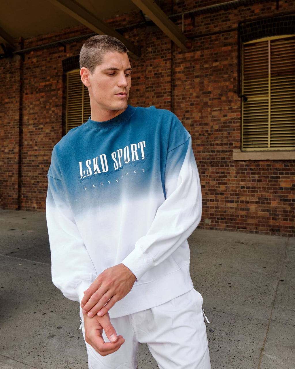 Model wearing Gradient Sweater - Atlantic-White