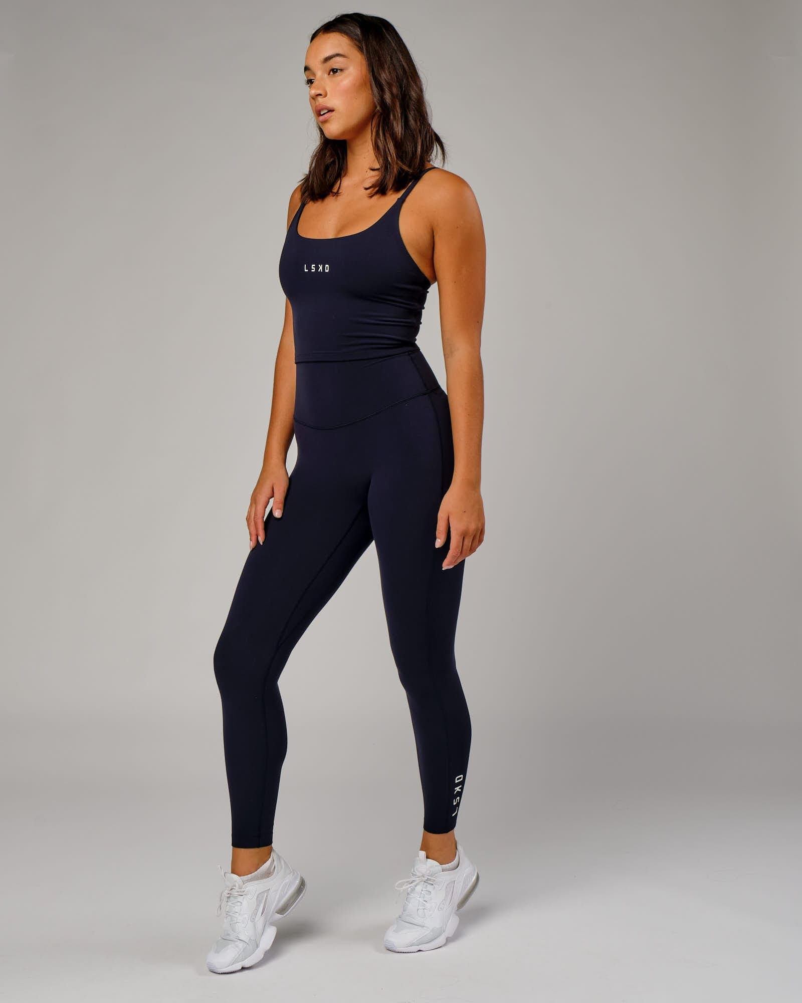 Model wearing Elixir Active Tank - Navy