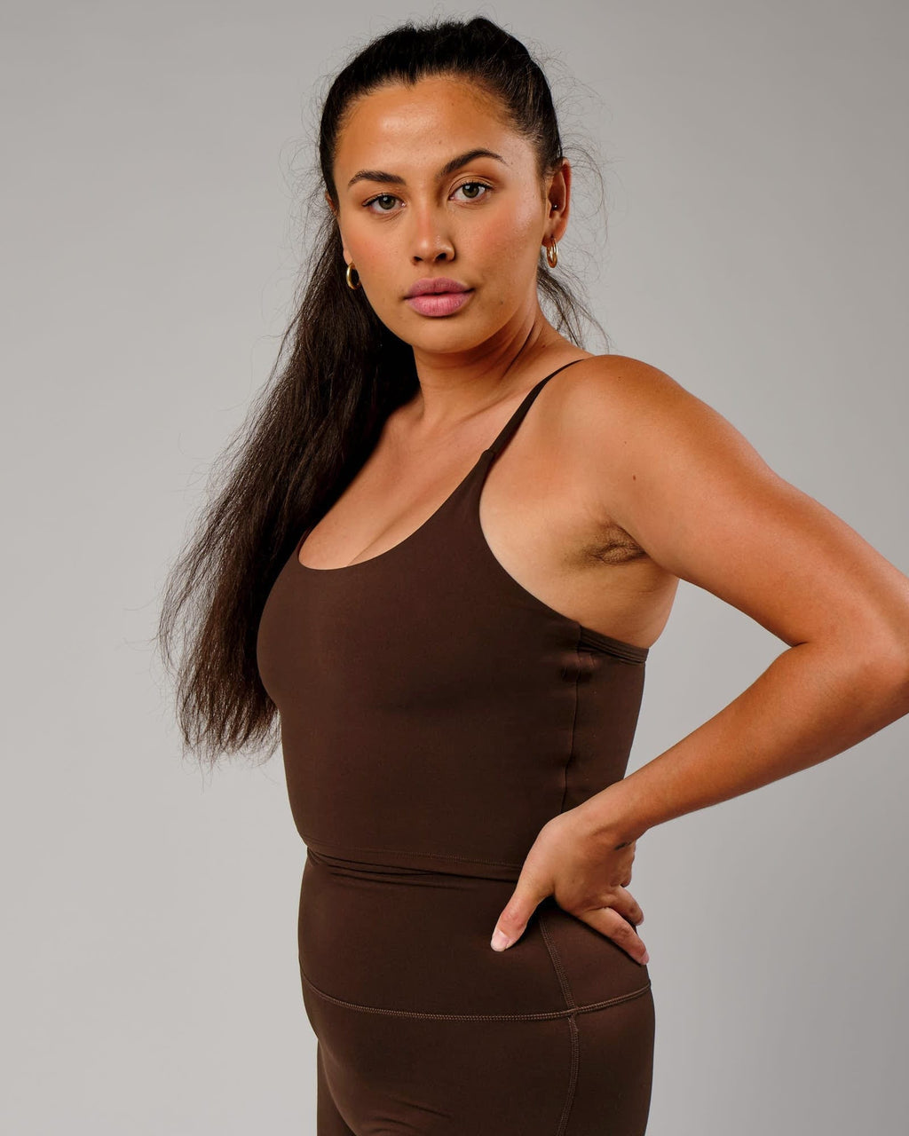 Model wearing Elixir Active Tank - Chocolate