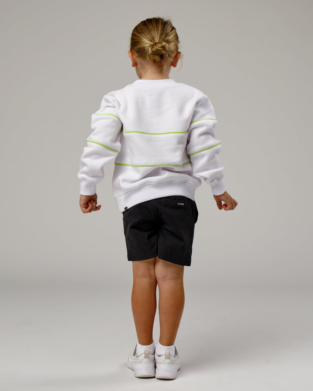 Model wearing Ascent Sweater (00-8) - White-Fluro Lime