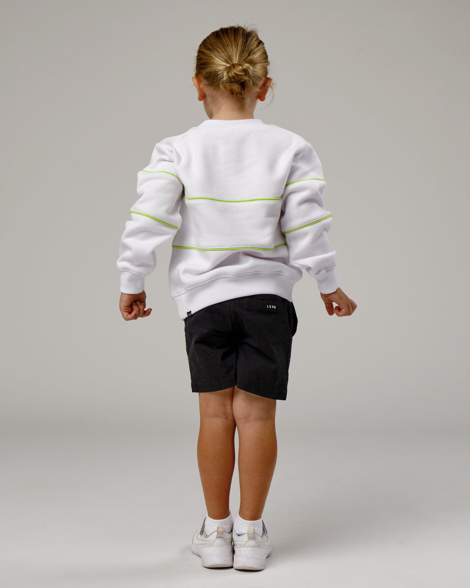 Model wearing Ascent Sweater (00-8) - White-Fluro Lime