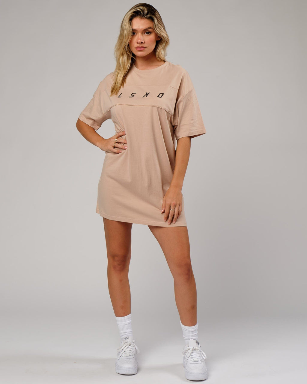 Model wearing Ascent Tee Dress - Nude