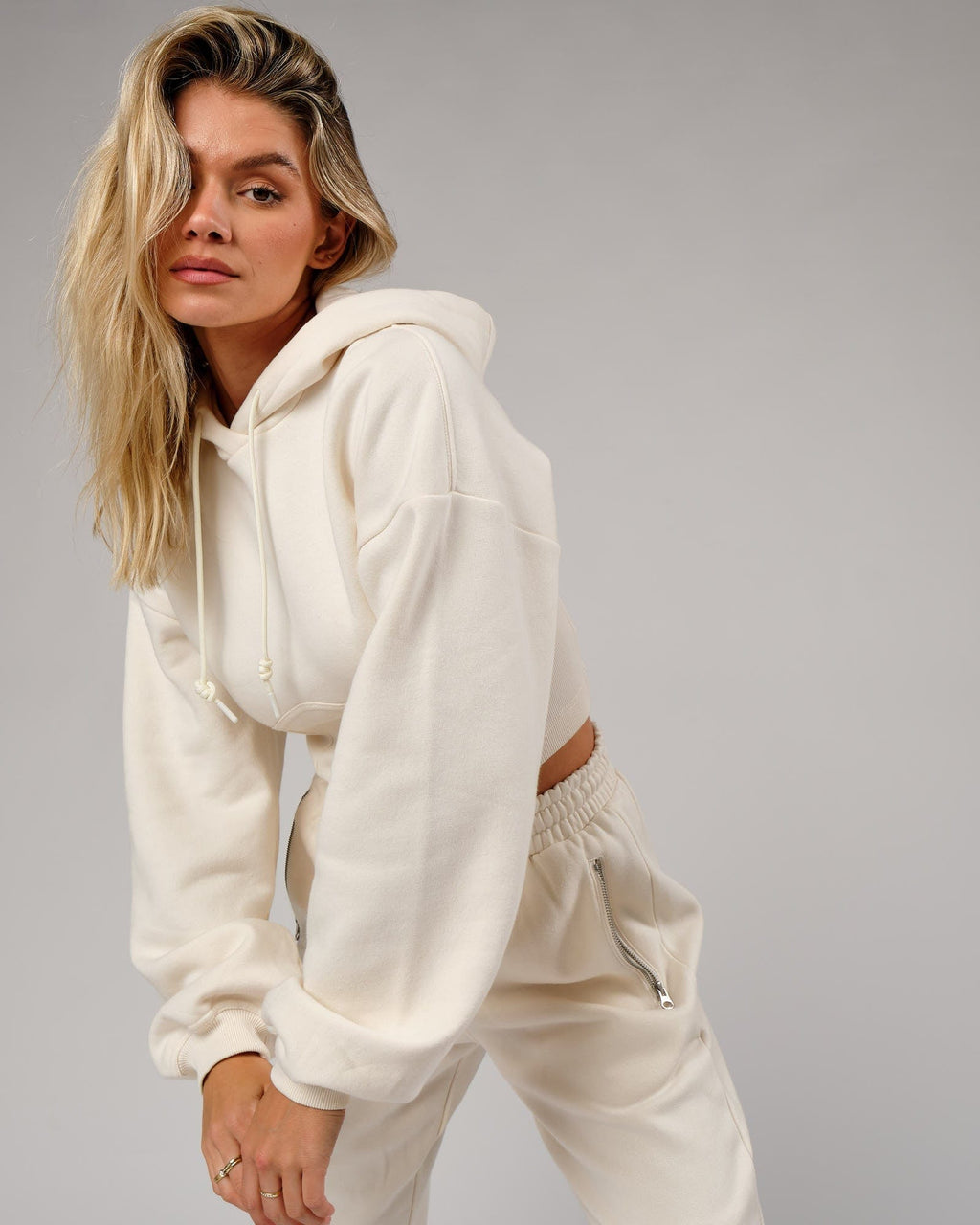 Model wearing Becca Corset Hoodie - Cream