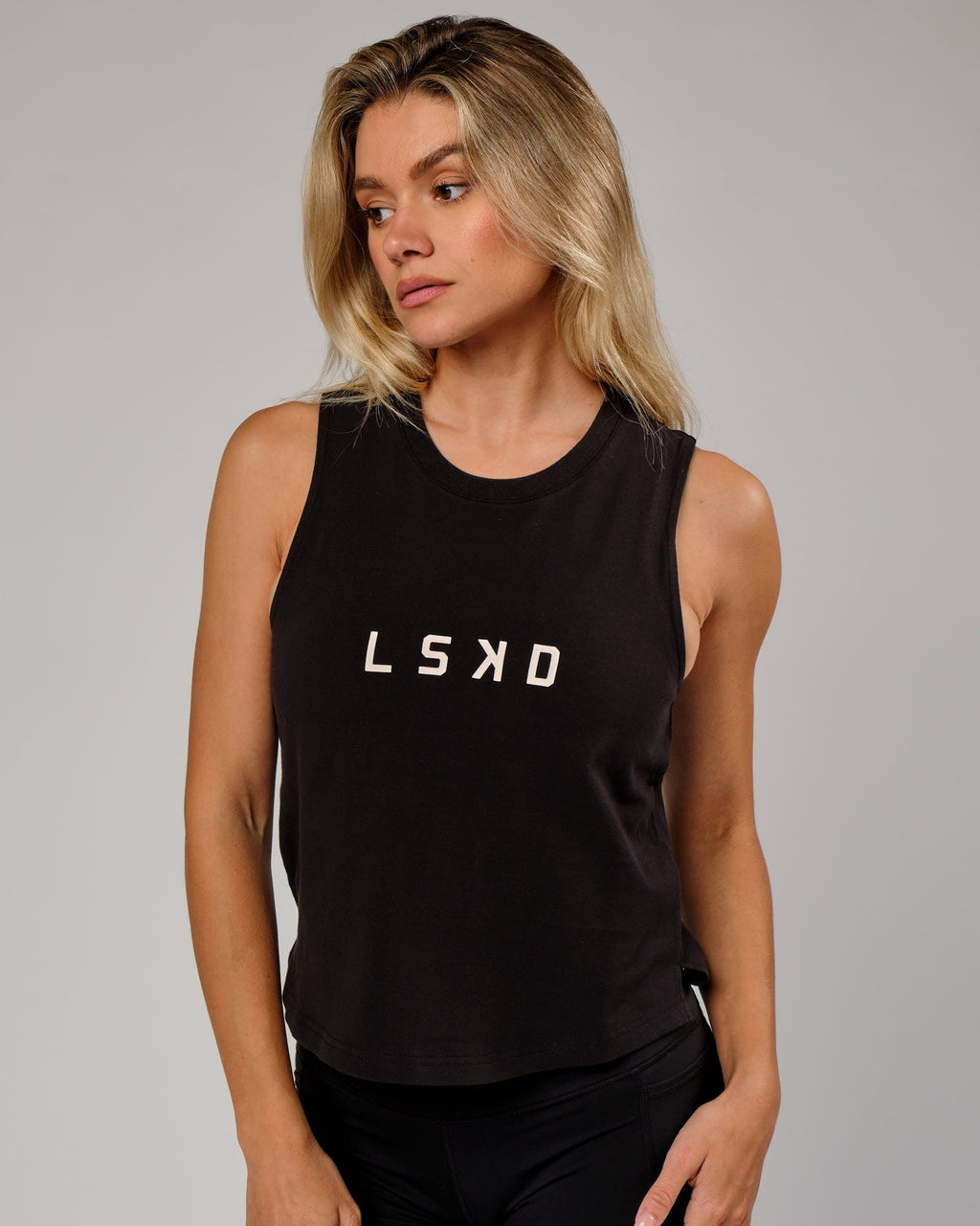 Model wearing Rep Tank - Black-Nude
