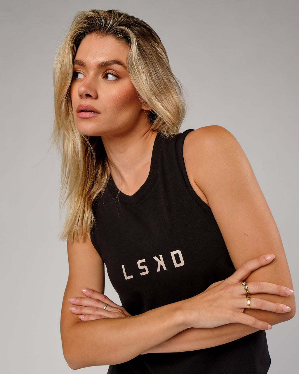 Model wearing Rep Tank - Black-Nude