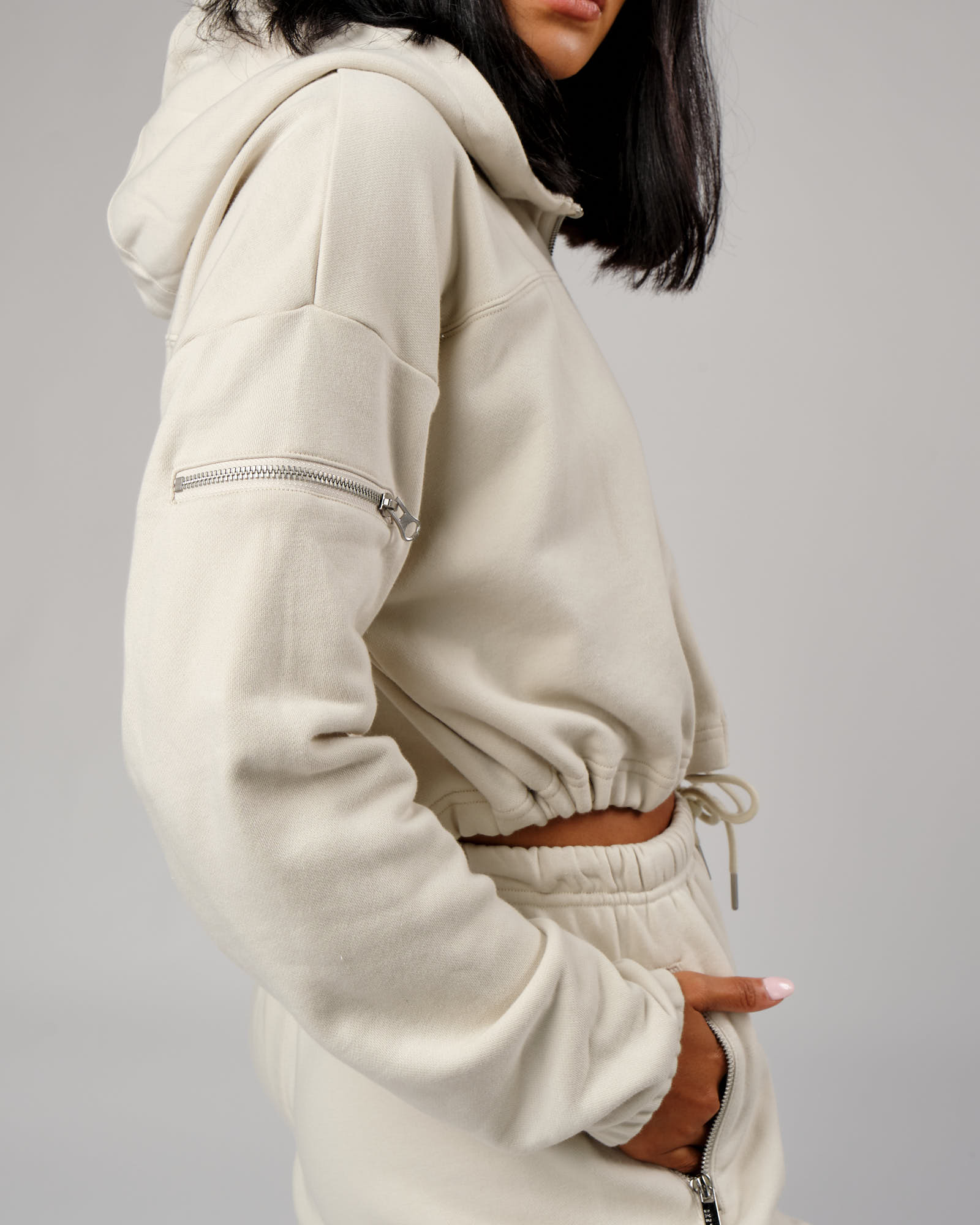 Model wearing Bridge Zip Through Hoodie - Bone