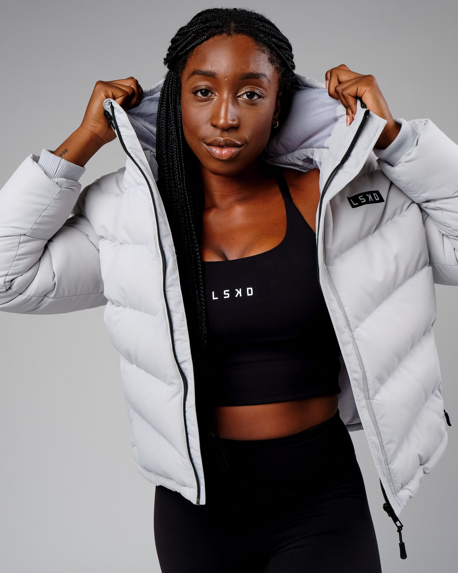 Model wearing Roasted Puffer Jacket 22 - Cloud