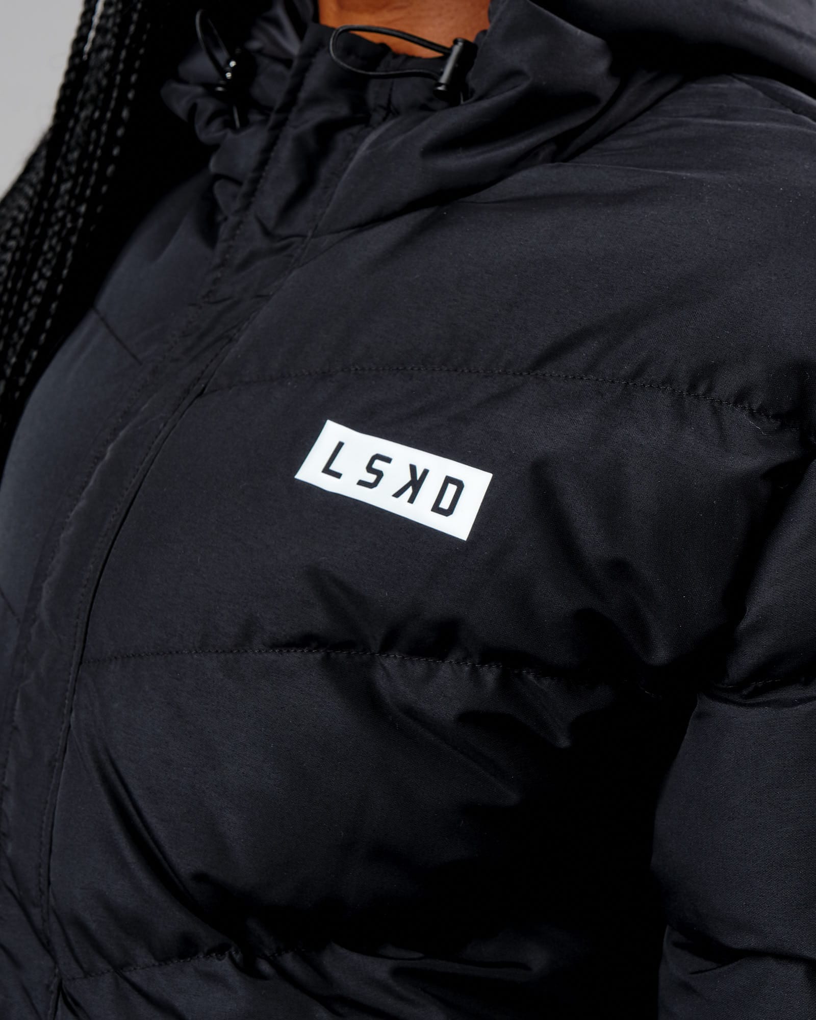 Model wearing Roasted Puffer Jacket 22 - Black