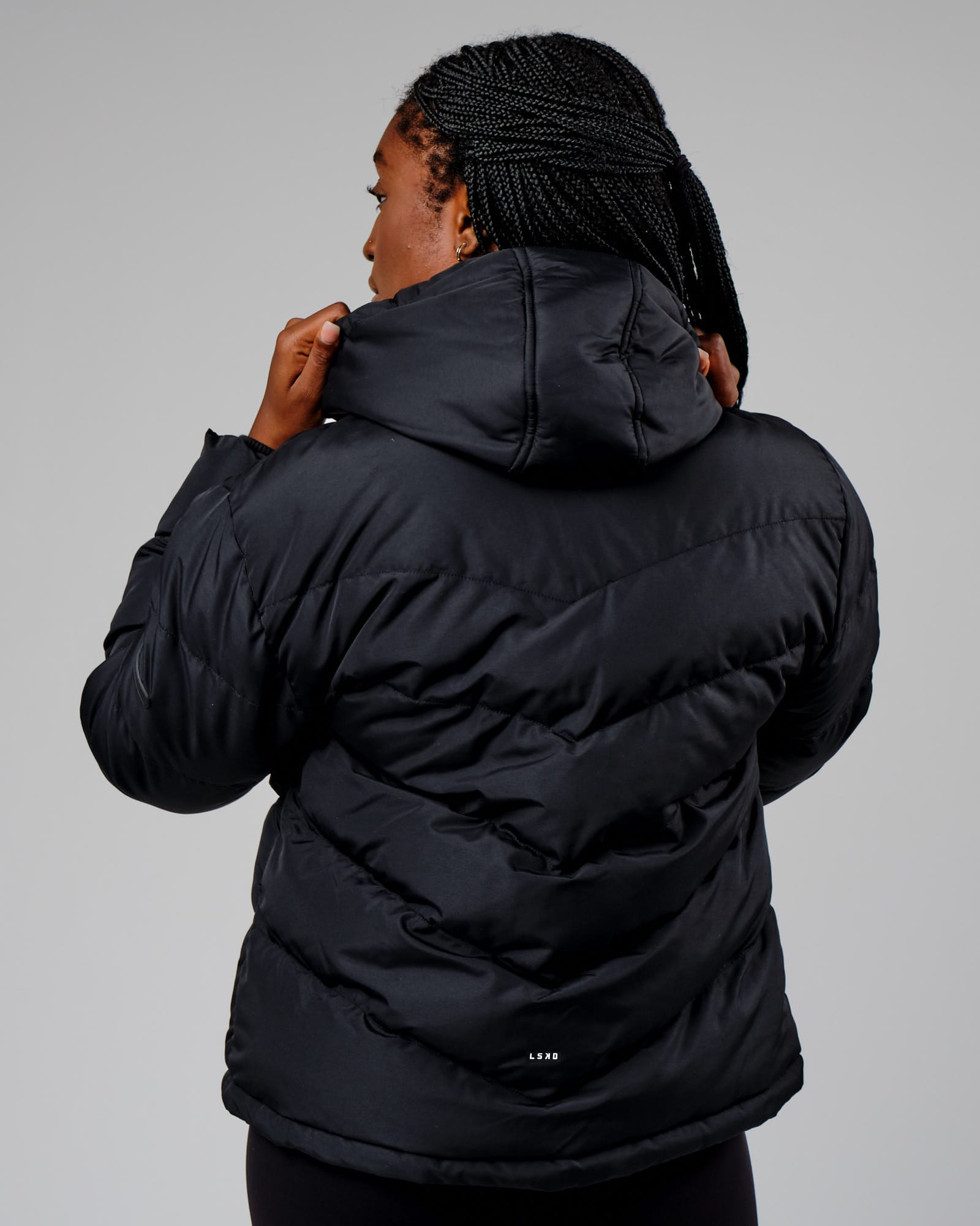 Model wearing Roasted Puffer Jacket 22 - Black