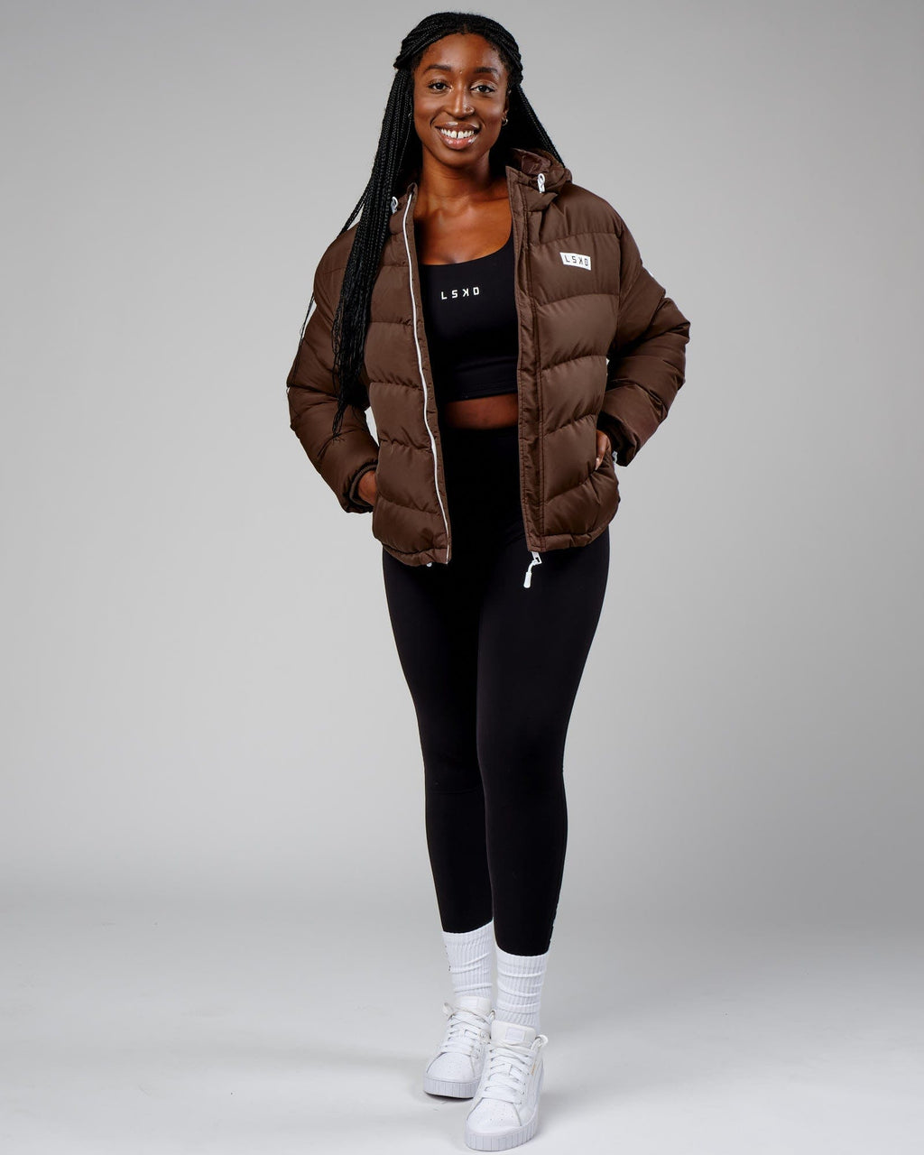 Model wearing Roasted Puffer Jacket 22 - Walnut