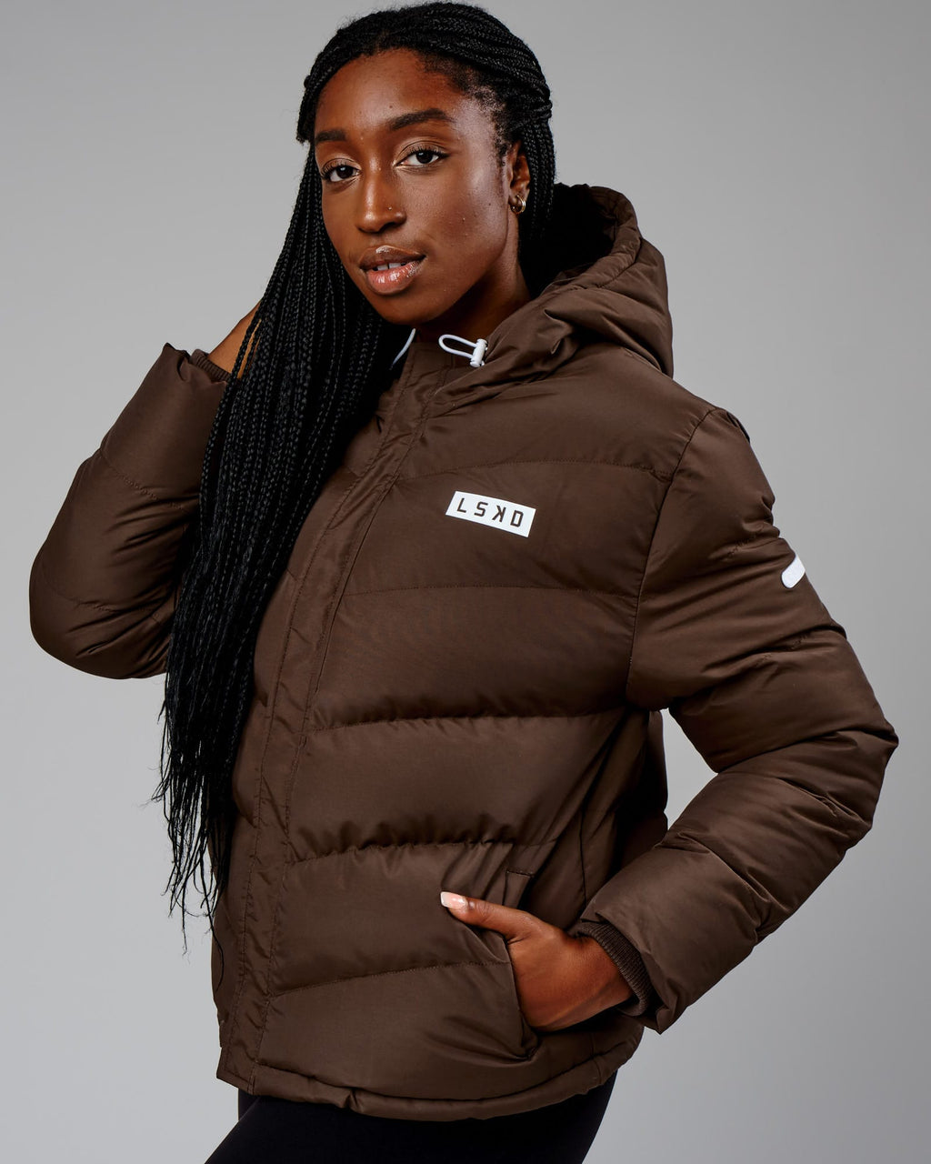 Model wearing Roasted Puffer Jacket 22 - Walnut