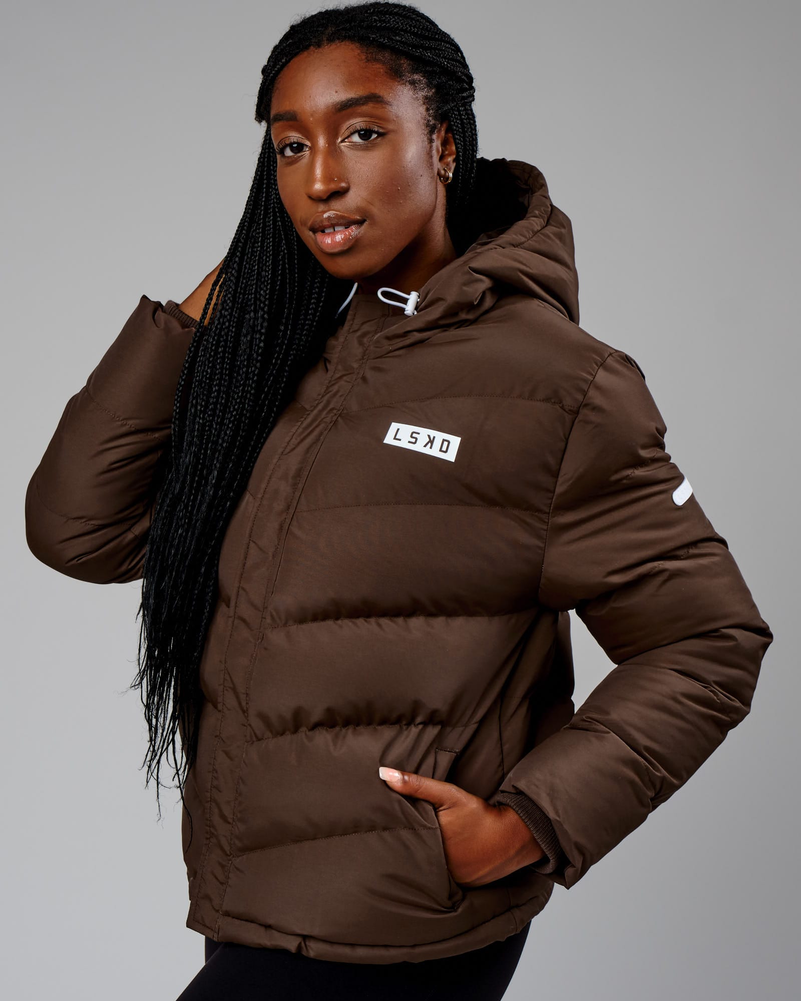Model wearing Roasted Puffer Jacket 22 - Walnut
