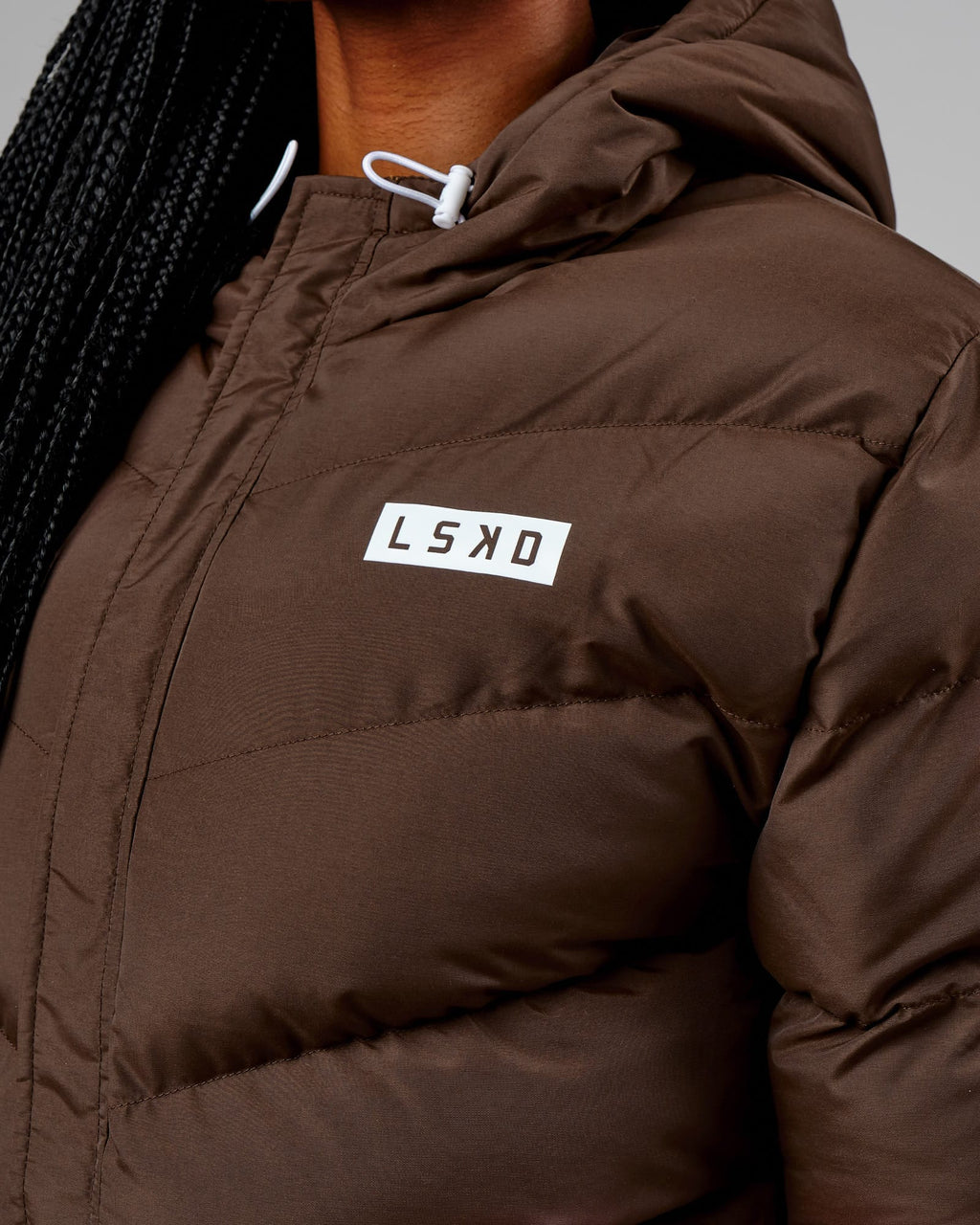 Model wearing Roasted Puffer Jacket 22 - Walnut