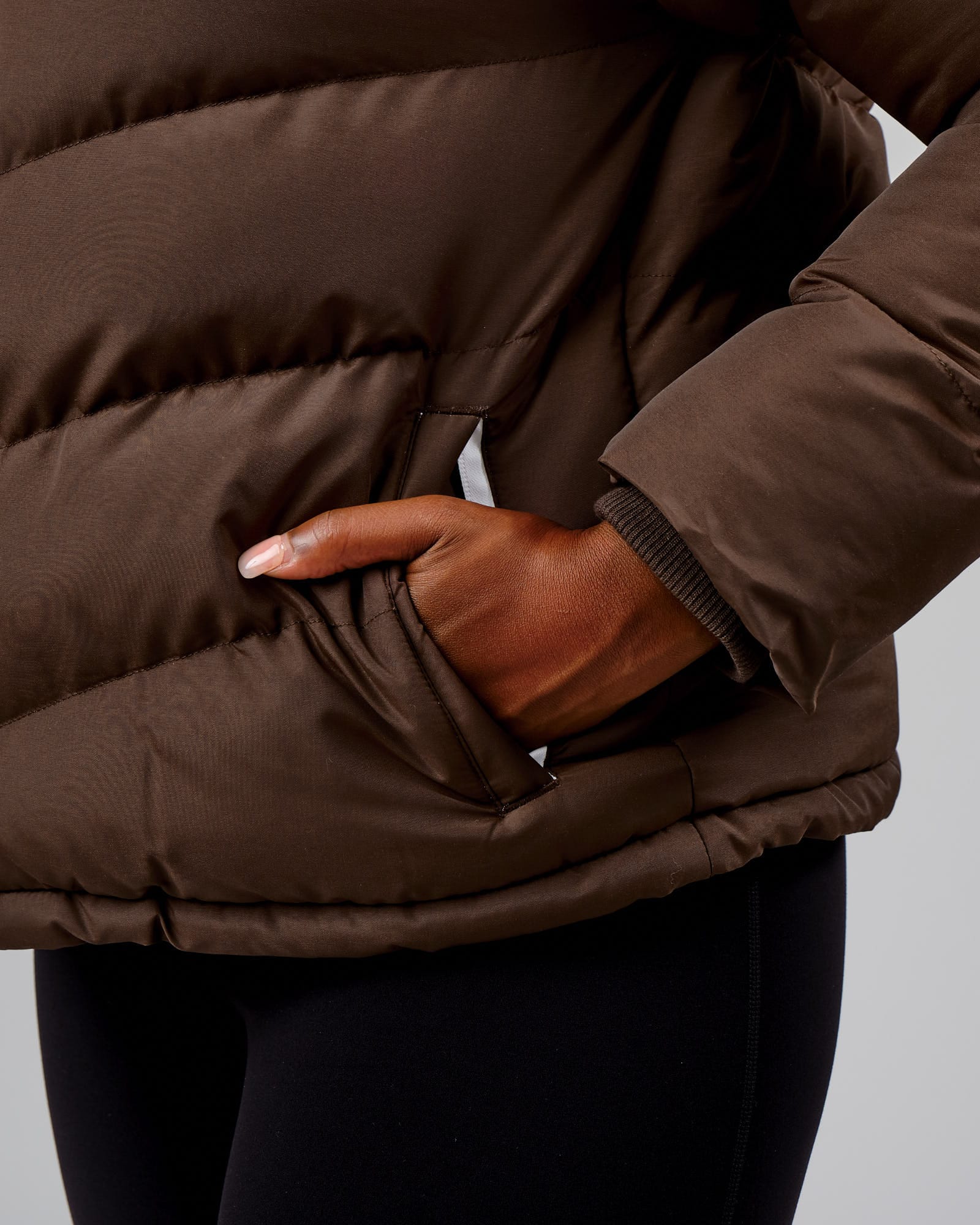 Model wearing Roasted Puffer Jacket 22 - Walnut