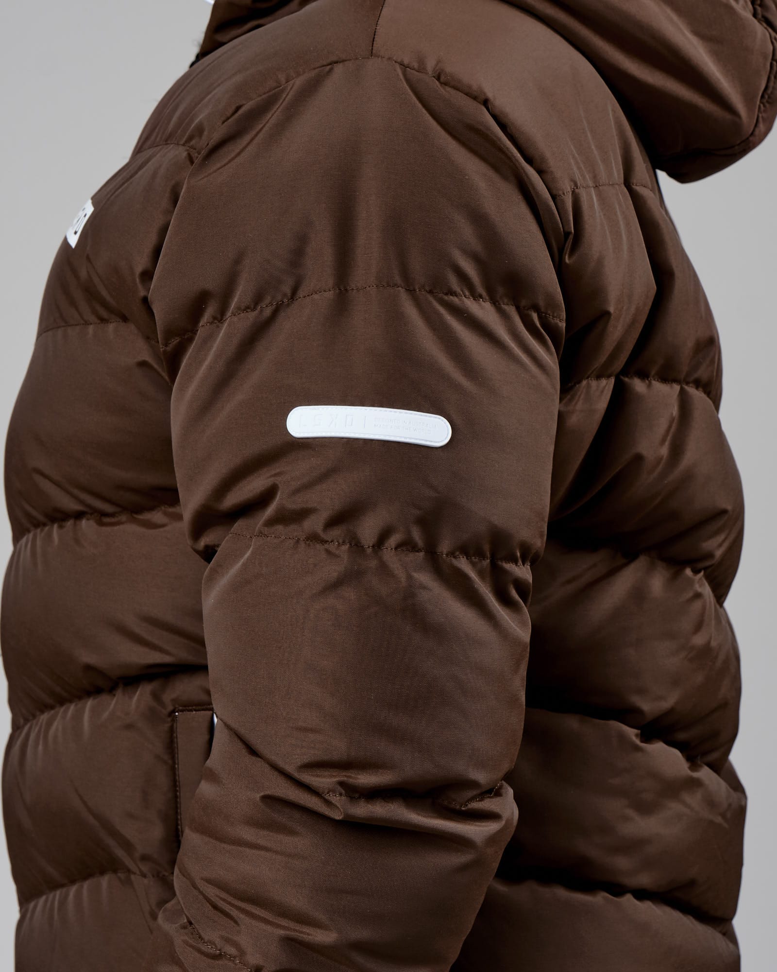 Model wearing Roasted Puffer Jacket 22 - Walnut