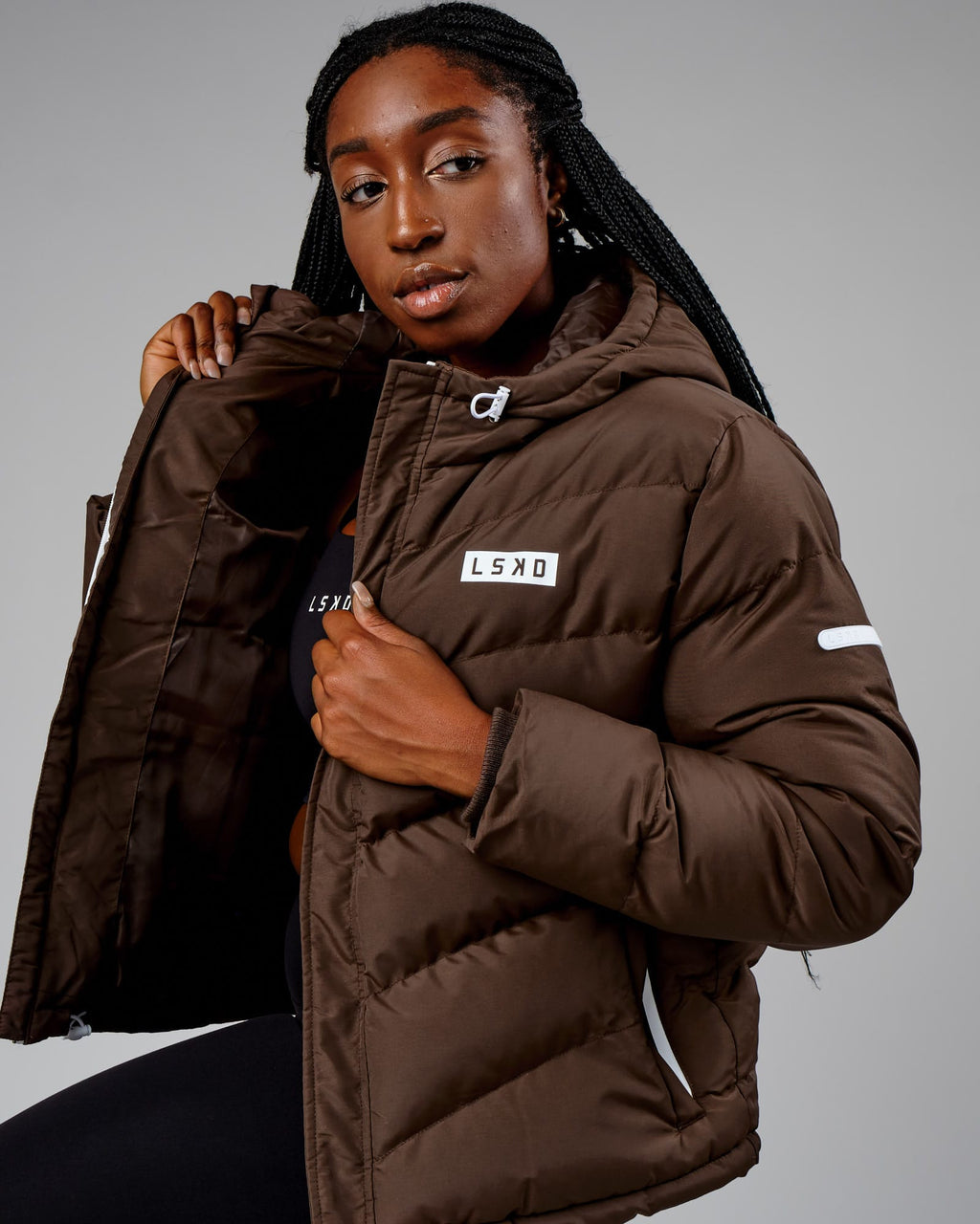 Model wearing Roasted Puffer Jacket 22 - Walnut