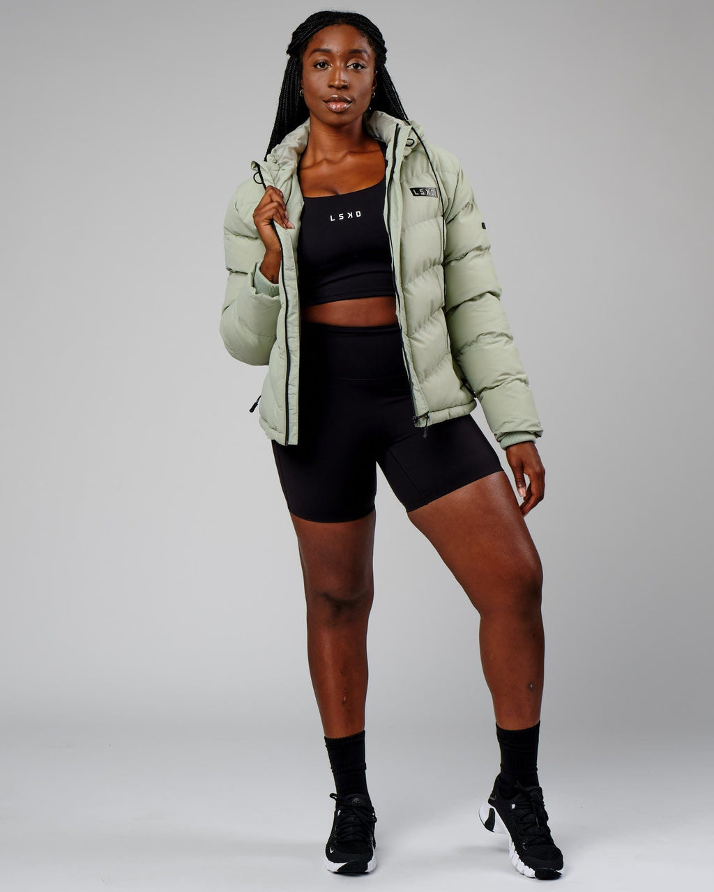 Model wearing Roasted Puffer Jacket 22 - Desert Sage