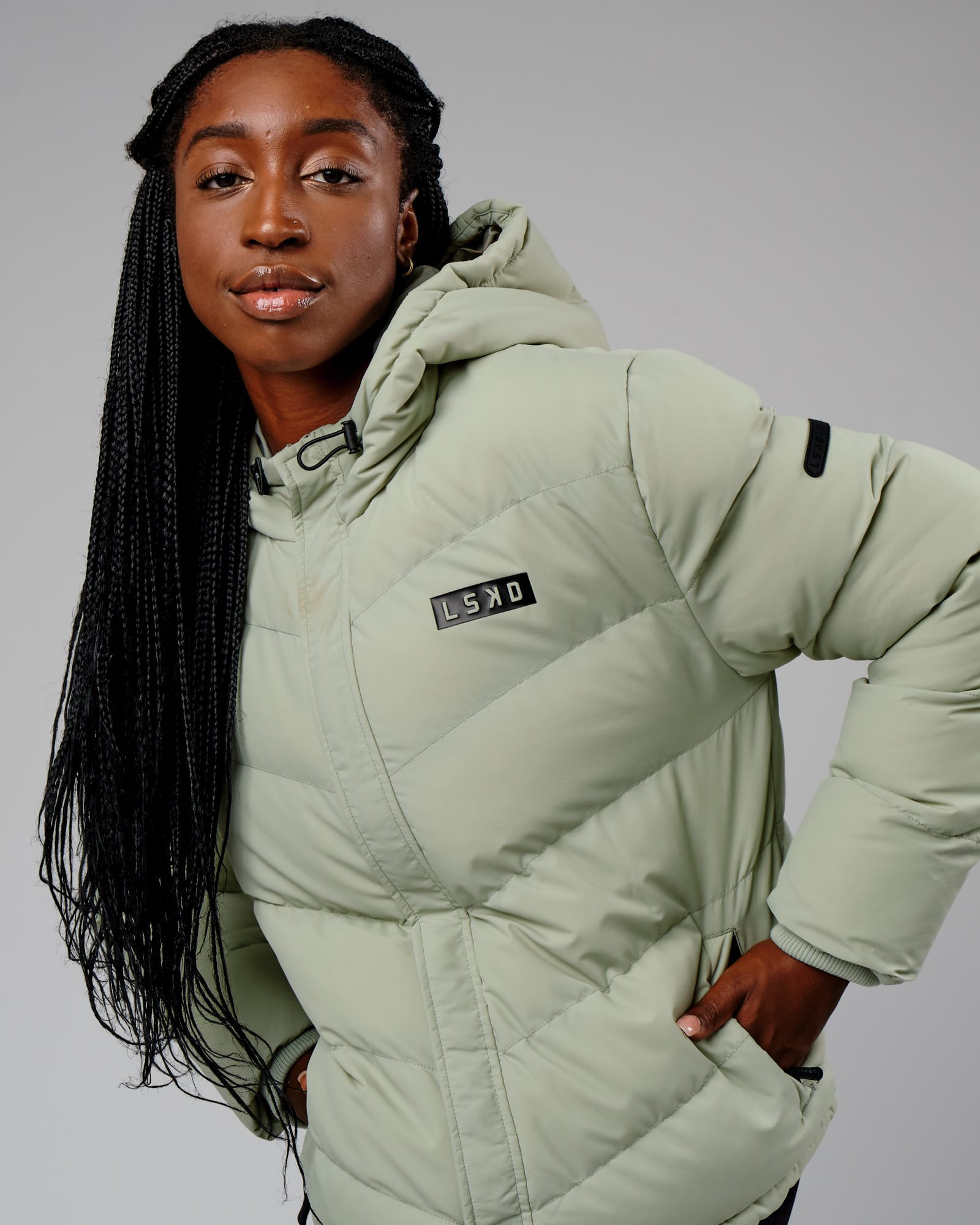 Model wearing Roasted Puffer Jacket 22 - Desert Sage