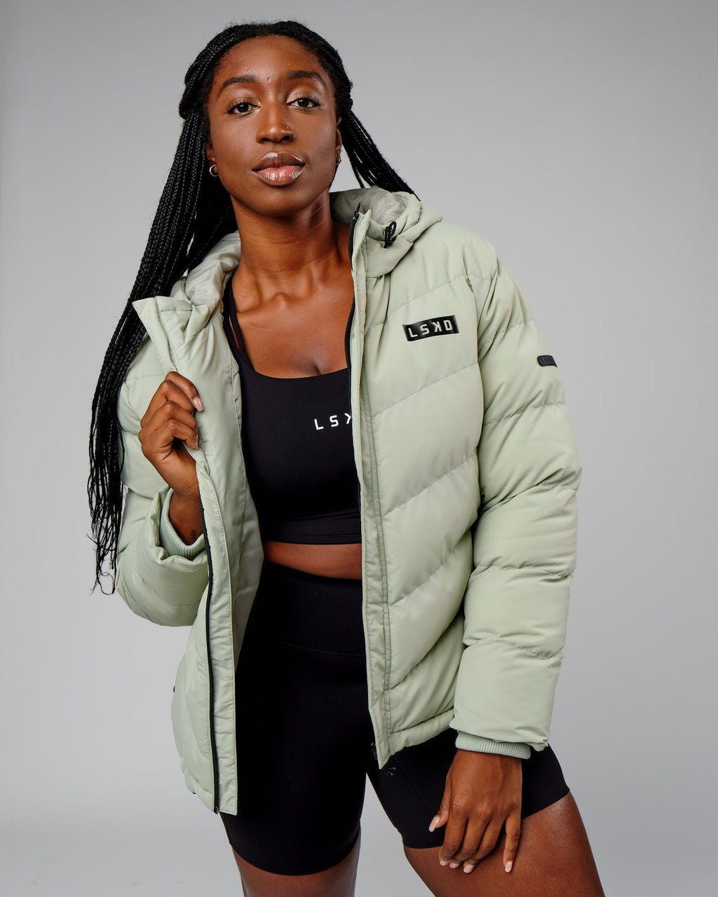 Model wearing Roasted Puffer Jacket 22 - Desert Sage