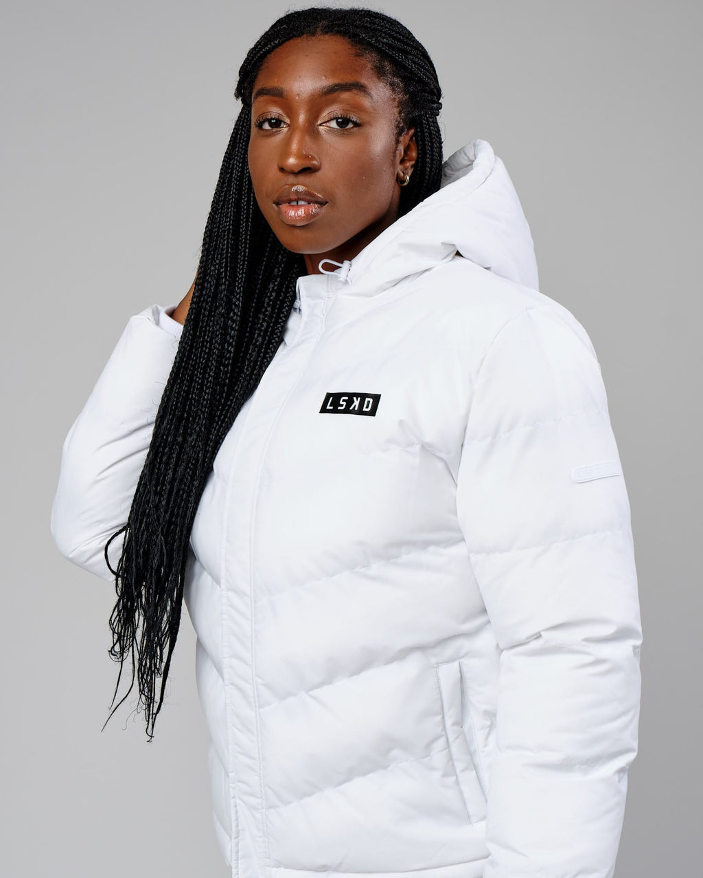 Model wearing Roasted Puffer Jacket 22 - White