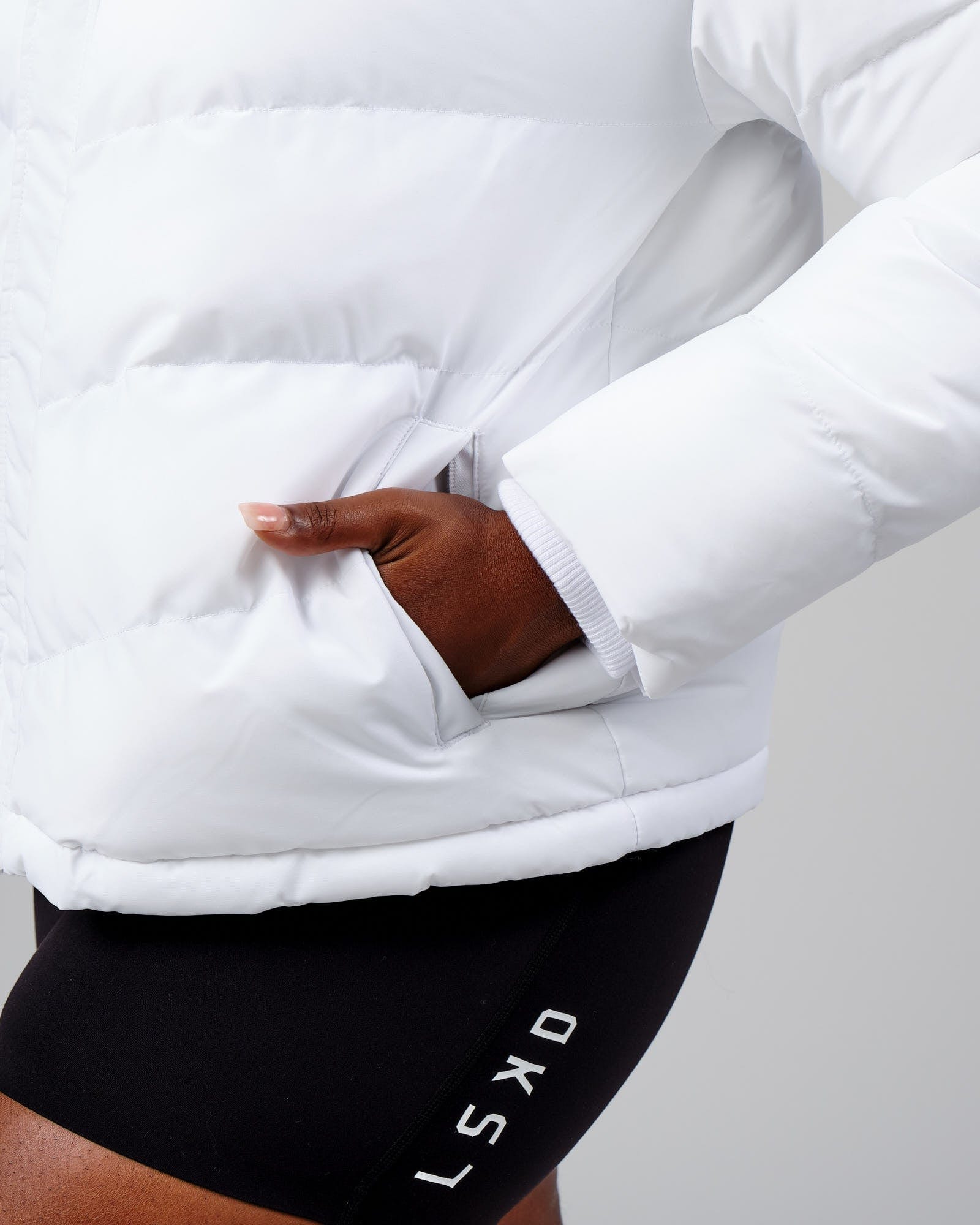 Model wearing Roasted Puffer Jacket 22 - White