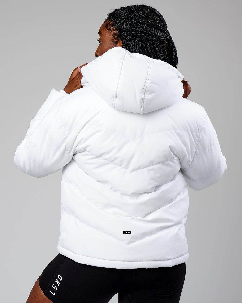 Model wearing Roasted Puffer Jacket 22 - White
